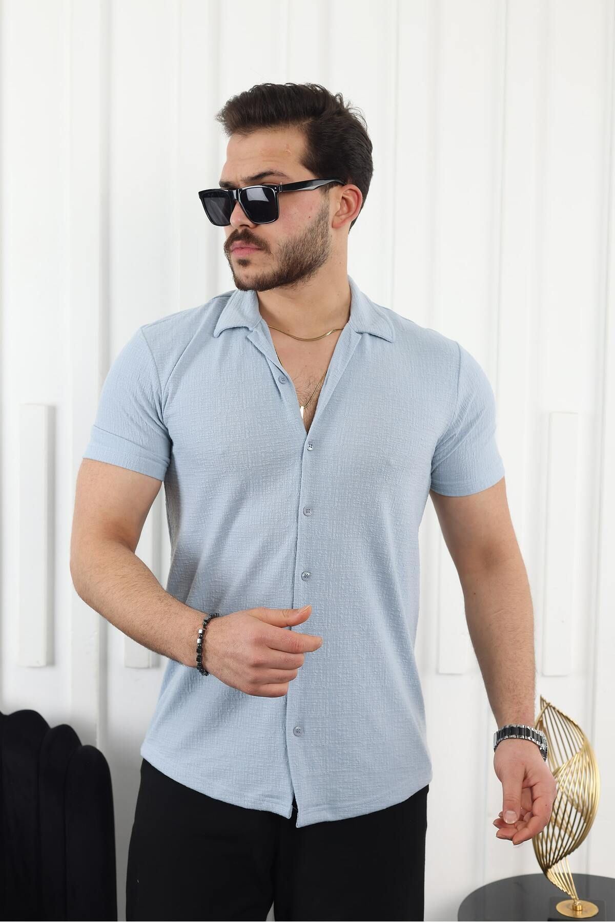 Erkek Kendinden Desenli Kısa Kol Mavi Keten Gömlek