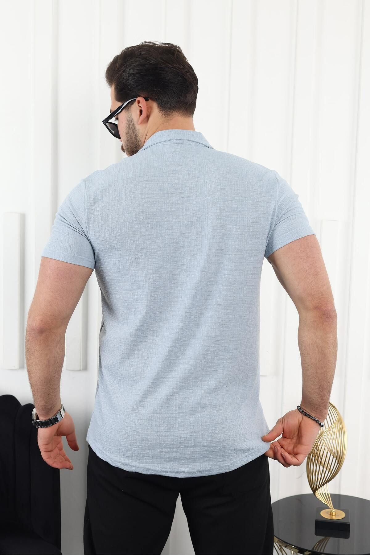 Erkek Kendinden Desenli Kısa Kol Mavi Keten Gömlek