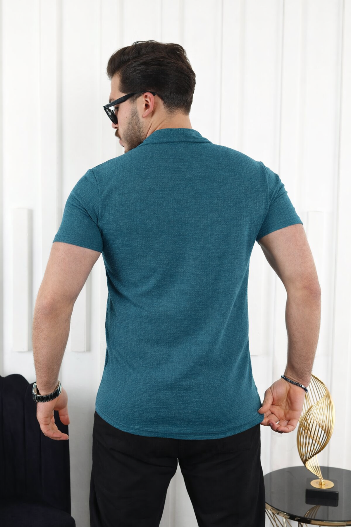 Erkek Kendinden Desenli Kısa Kol Petrol Keten Gömlek