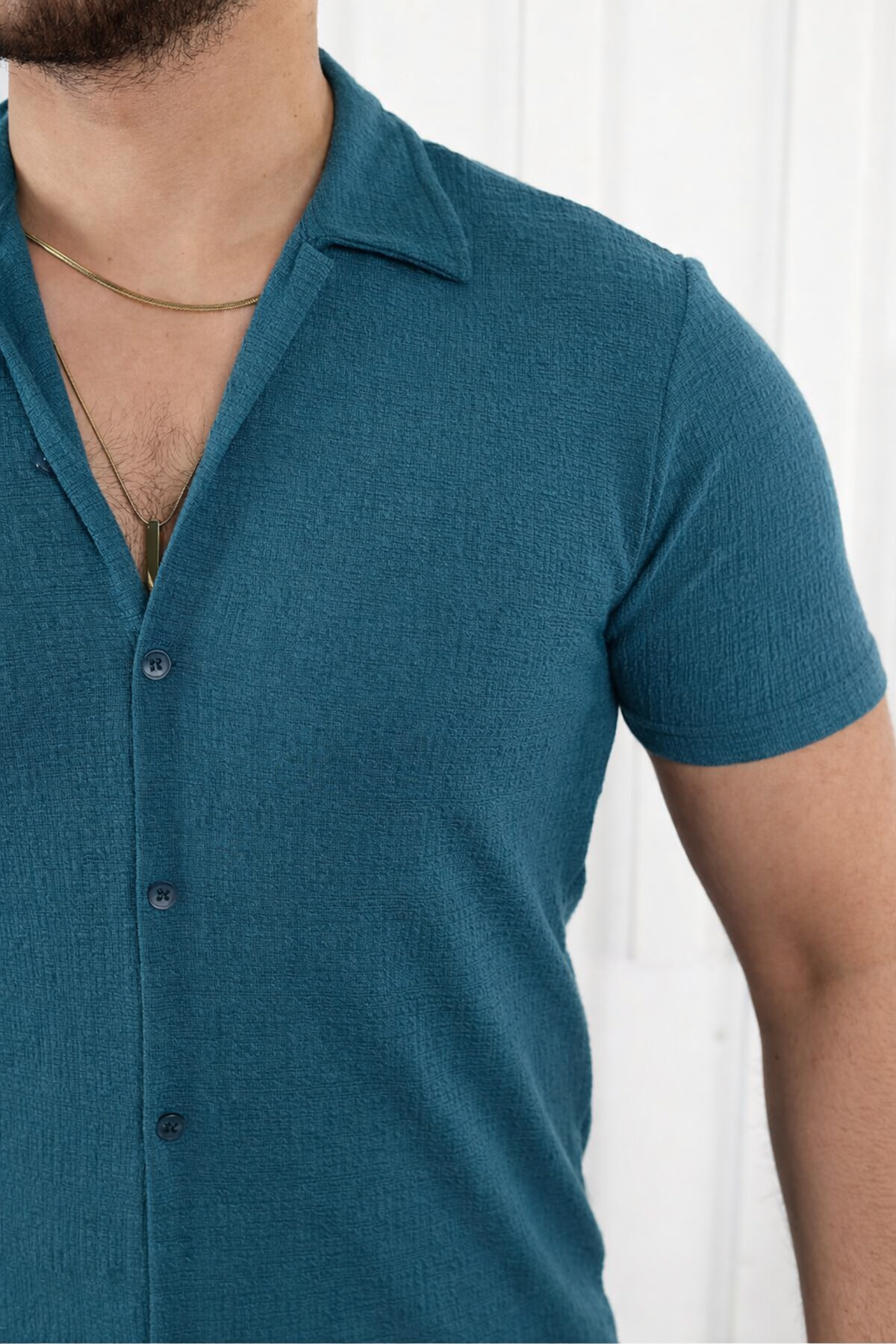 Erkek Kendinden Desenli Kısa Kol Petrol Keten Gömlek