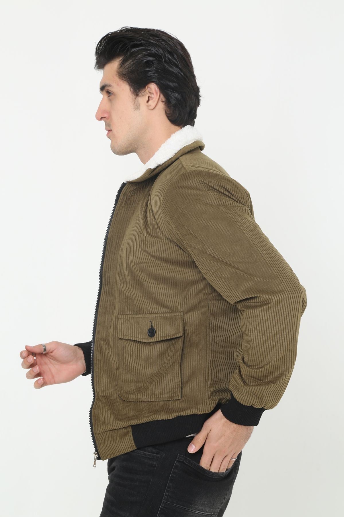 Erkek Trend Kadife Içi Kürklü Ceket Haki