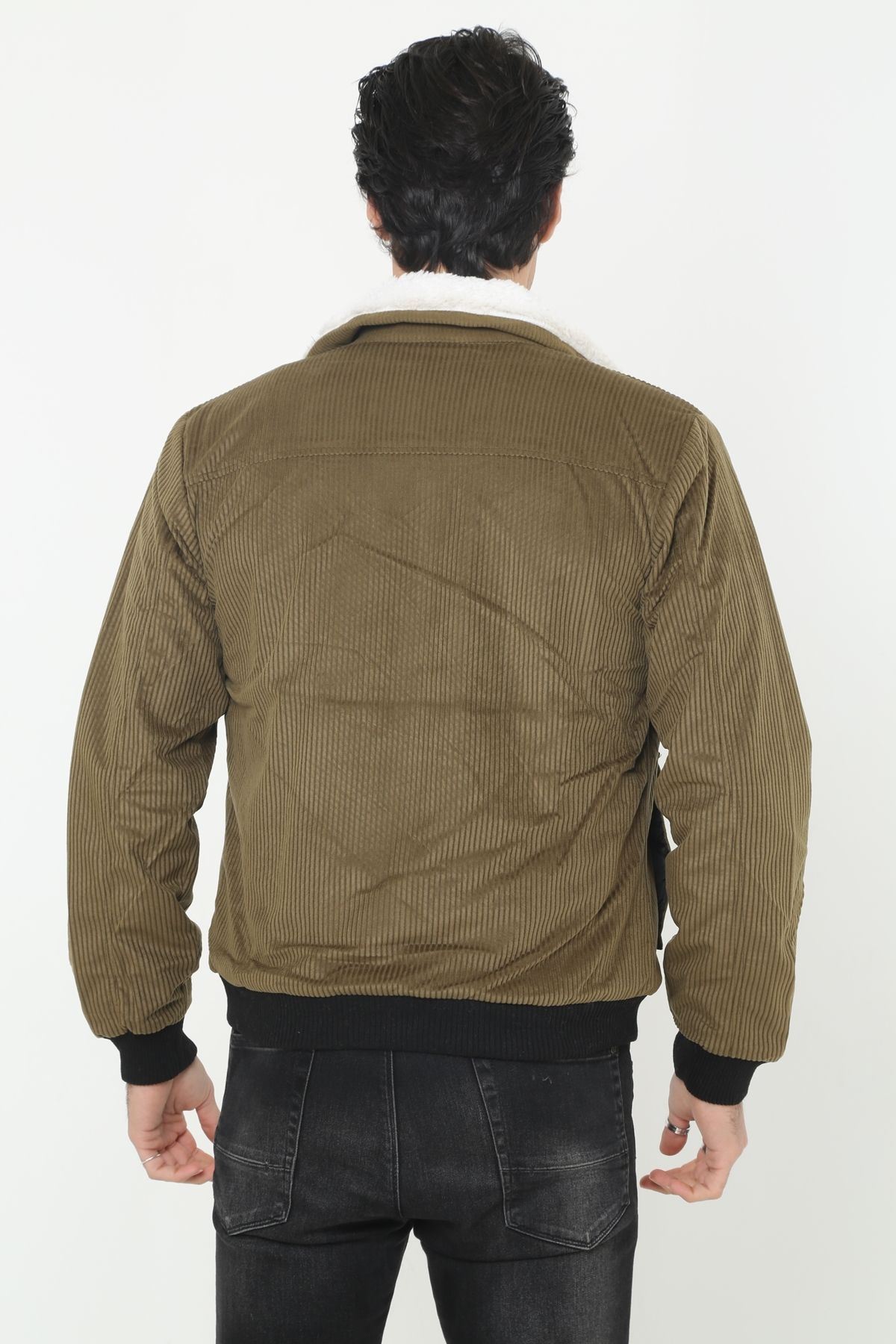 Erkek Trend Kadife Içi Kürklü Ceket Haki