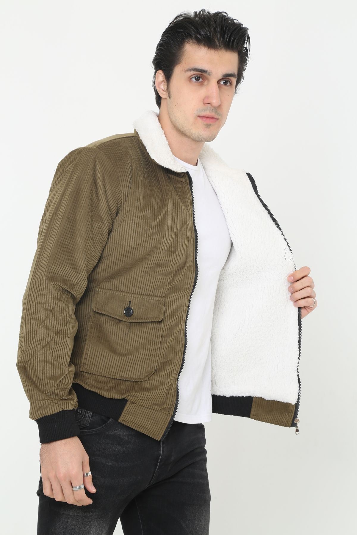 Erkek Trend Kadife Içi Kürklü Ceket Haki