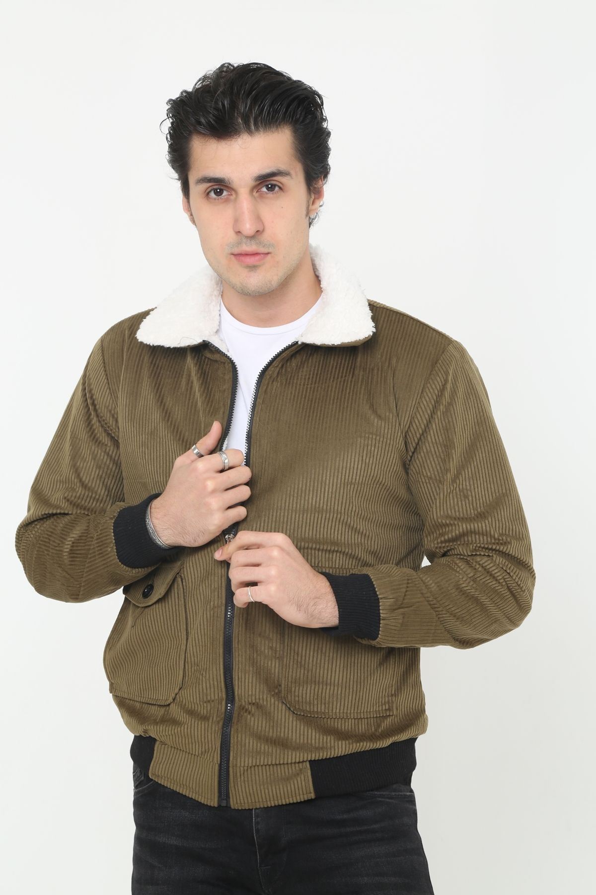 Erkek Trend Kadife Içi Kürklü Ceket Haki