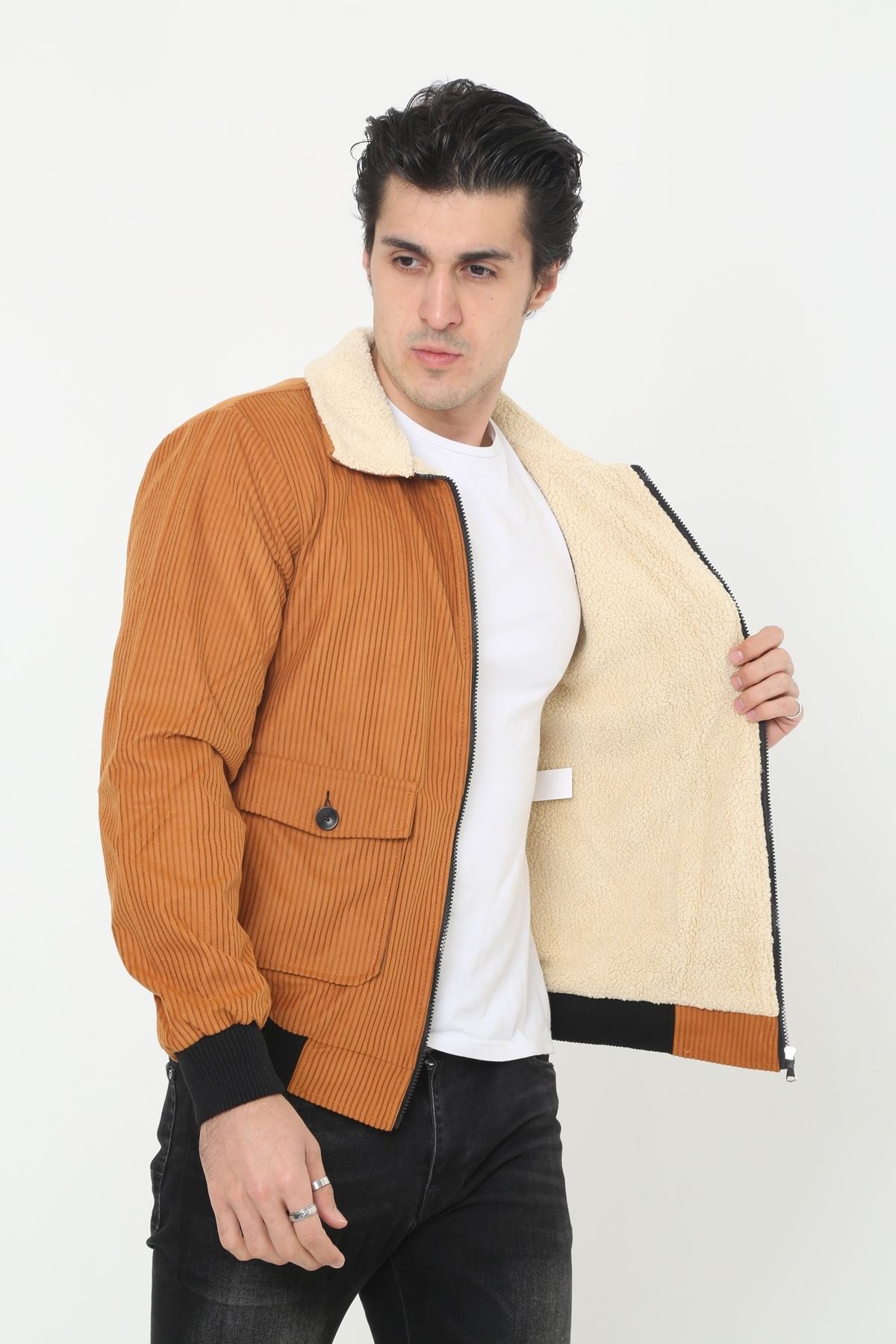 Erkek Trend Kadife Içi Kürklü Ceket Taba