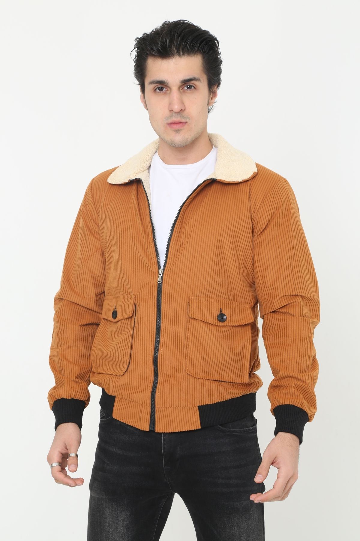 Erkek Trend Kadife Içi Kürklü Ceket Taba