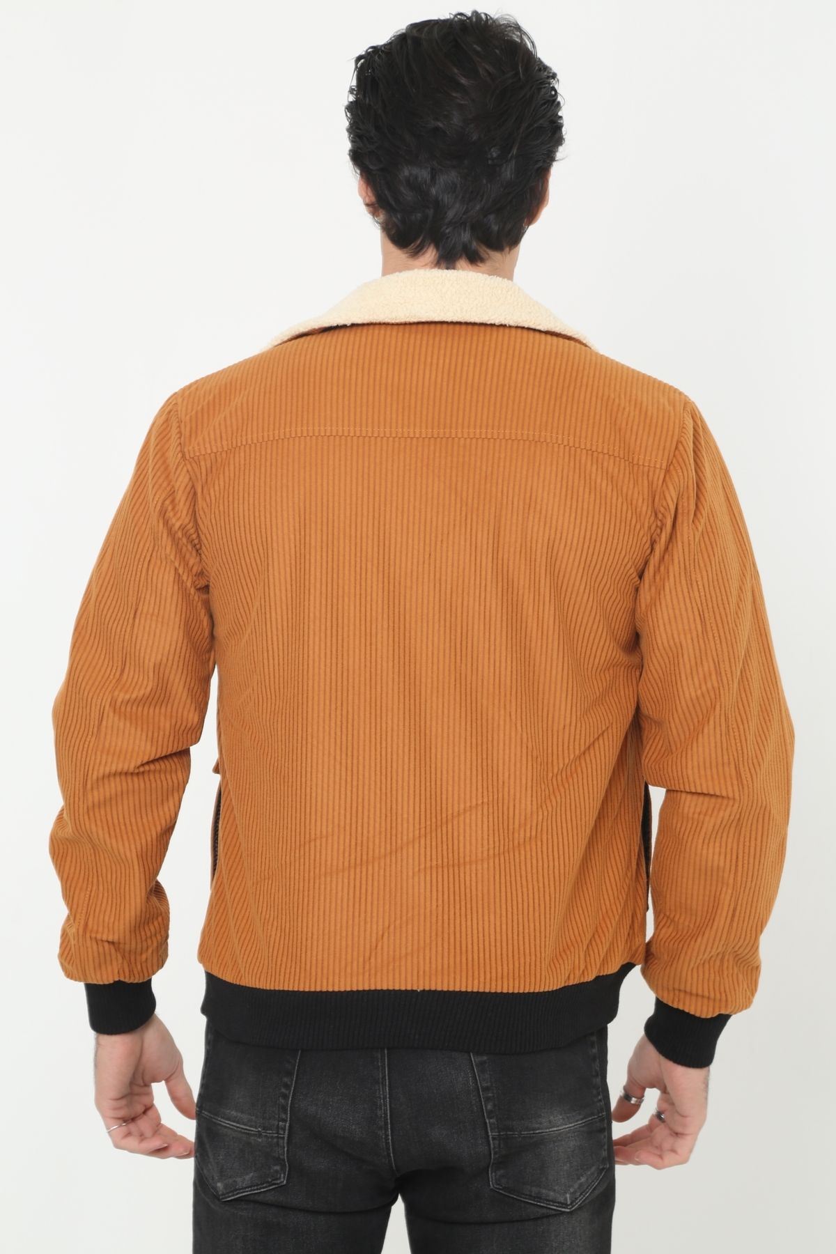 Erkek Trend Kadife Içi Kürklü Ceket Taba