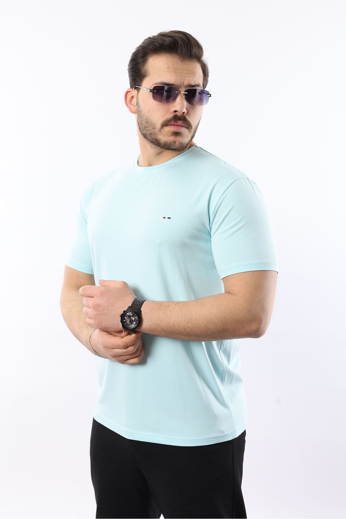 Erkek Kısa Kol Yazlık Bisiklet Yaka Dar Mint Tişört