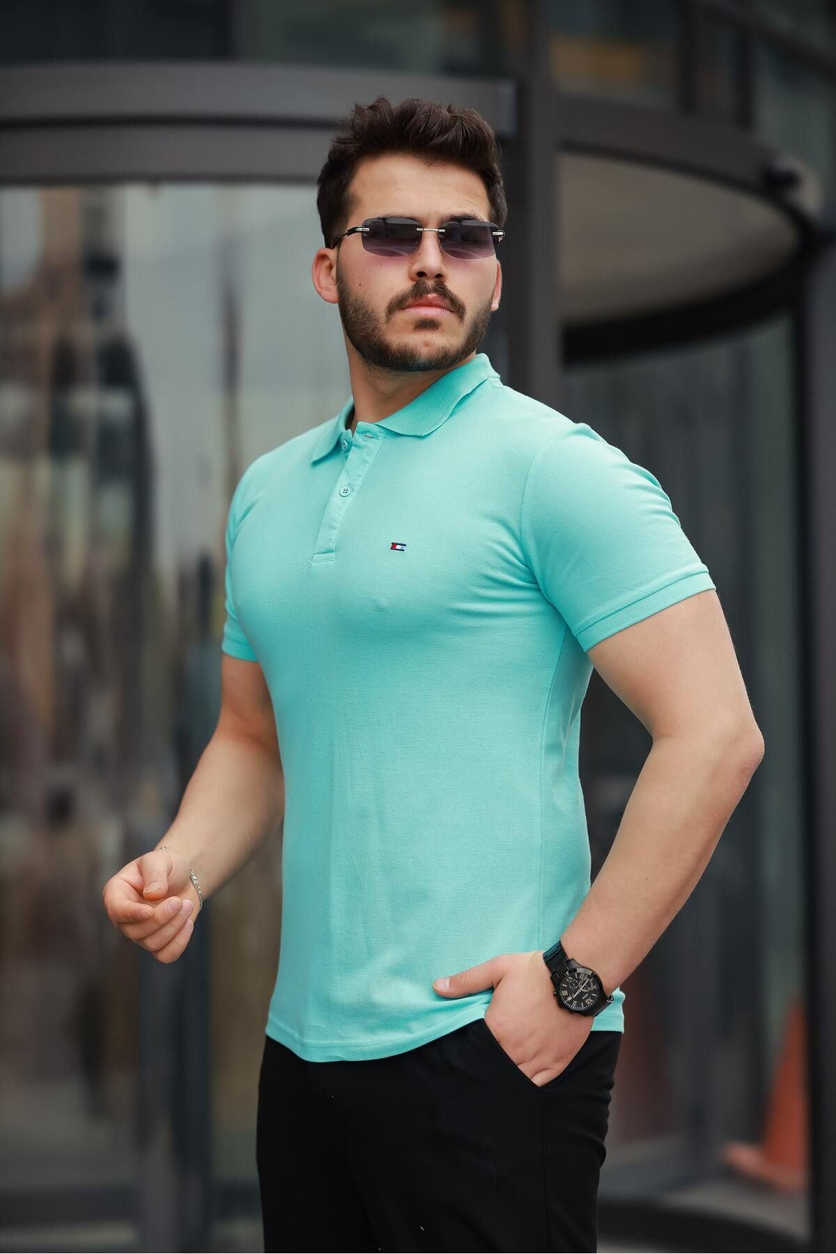 Erkek Kıvrılmaz Polo Yaka Cepsiz Slim Fit Dar Kesim T-Shirt