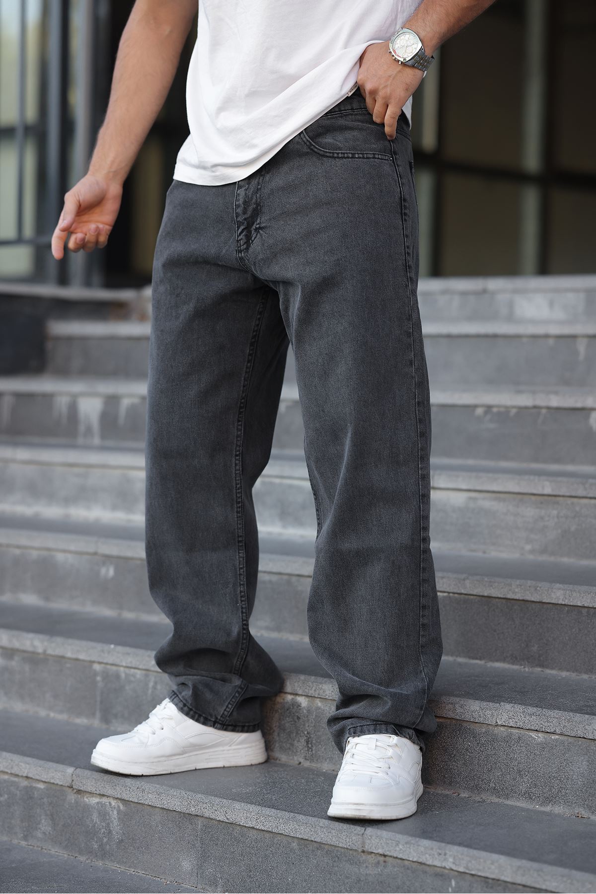 Erkek Bol Paça Basic Yüksek Bel Füme Baggy Pantolon