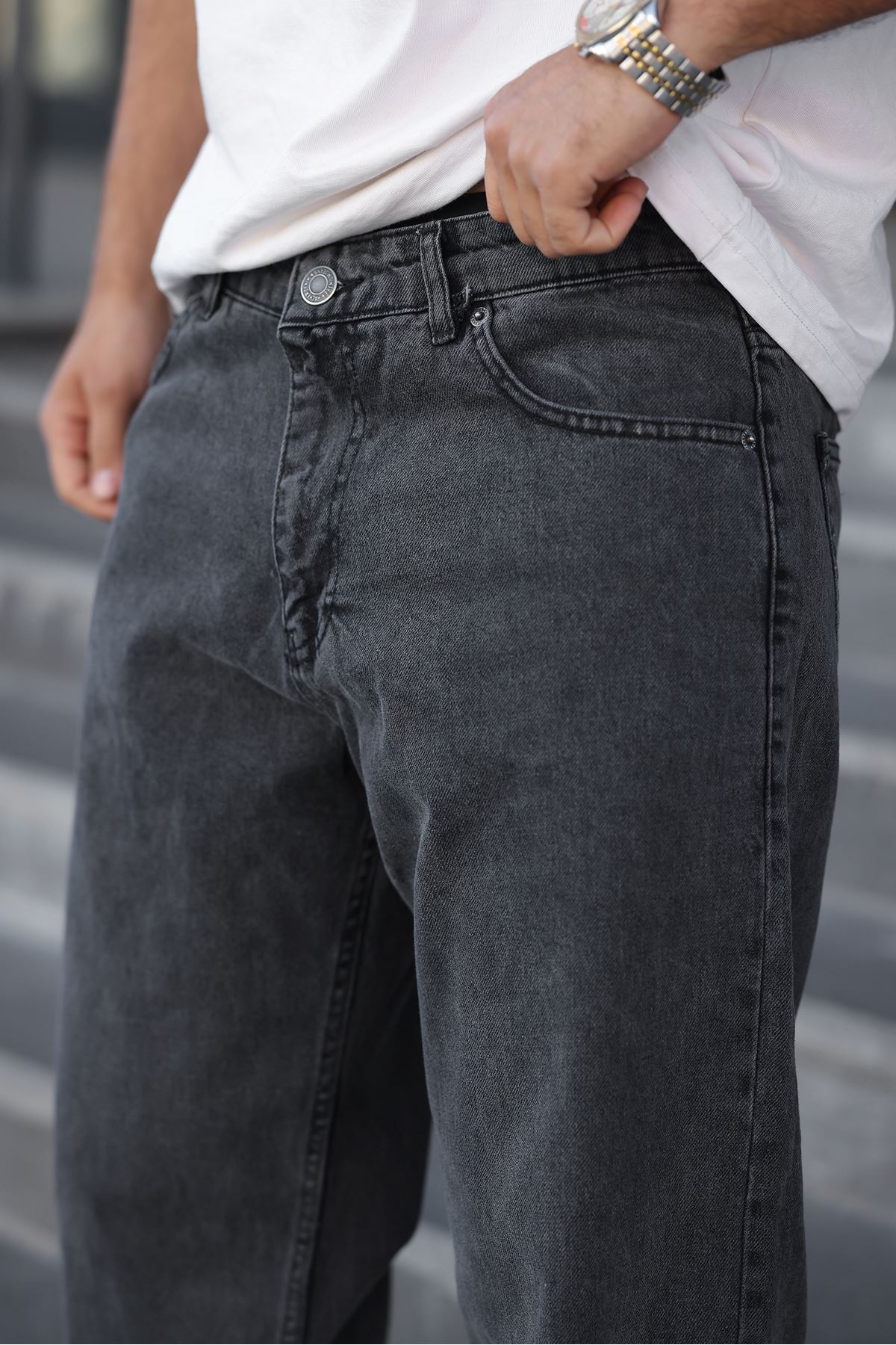 Erkek Bol Paça Basic Yüksek Bel Füme Baggy Pantolon