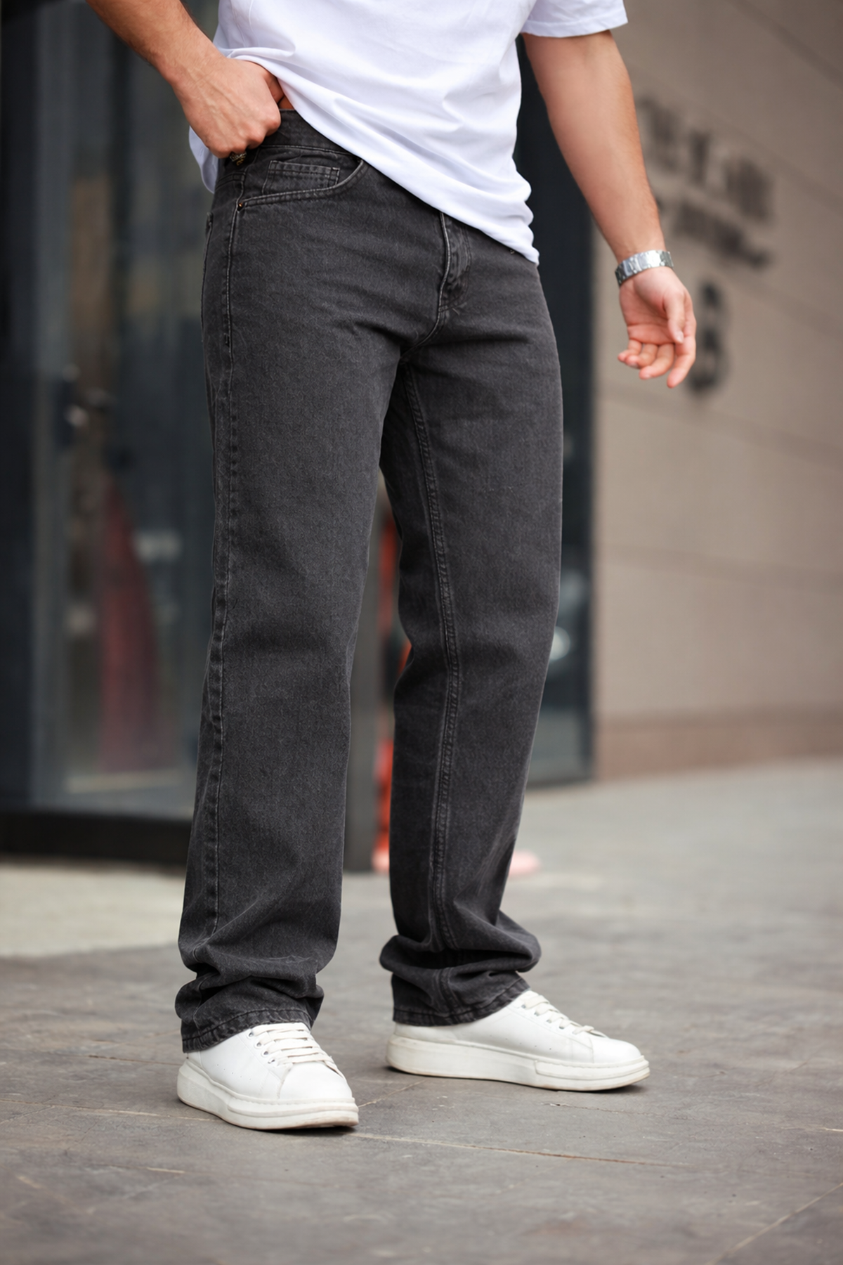 Erkek Bol Paça Basic Yüksek Bel Antrasit Baggy Pantolon