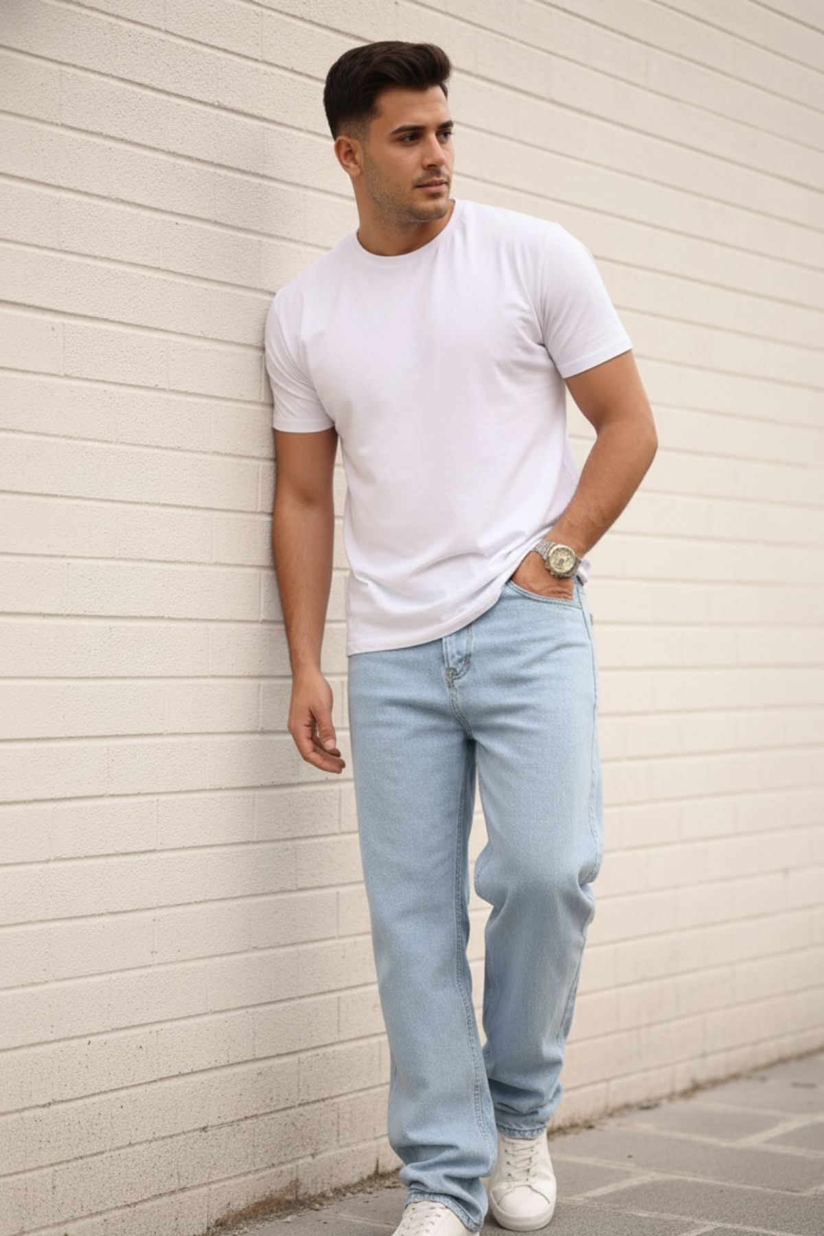 Erkek Bol Paça Basic Yüksek Bel B.Mavi Baggy Pantolon