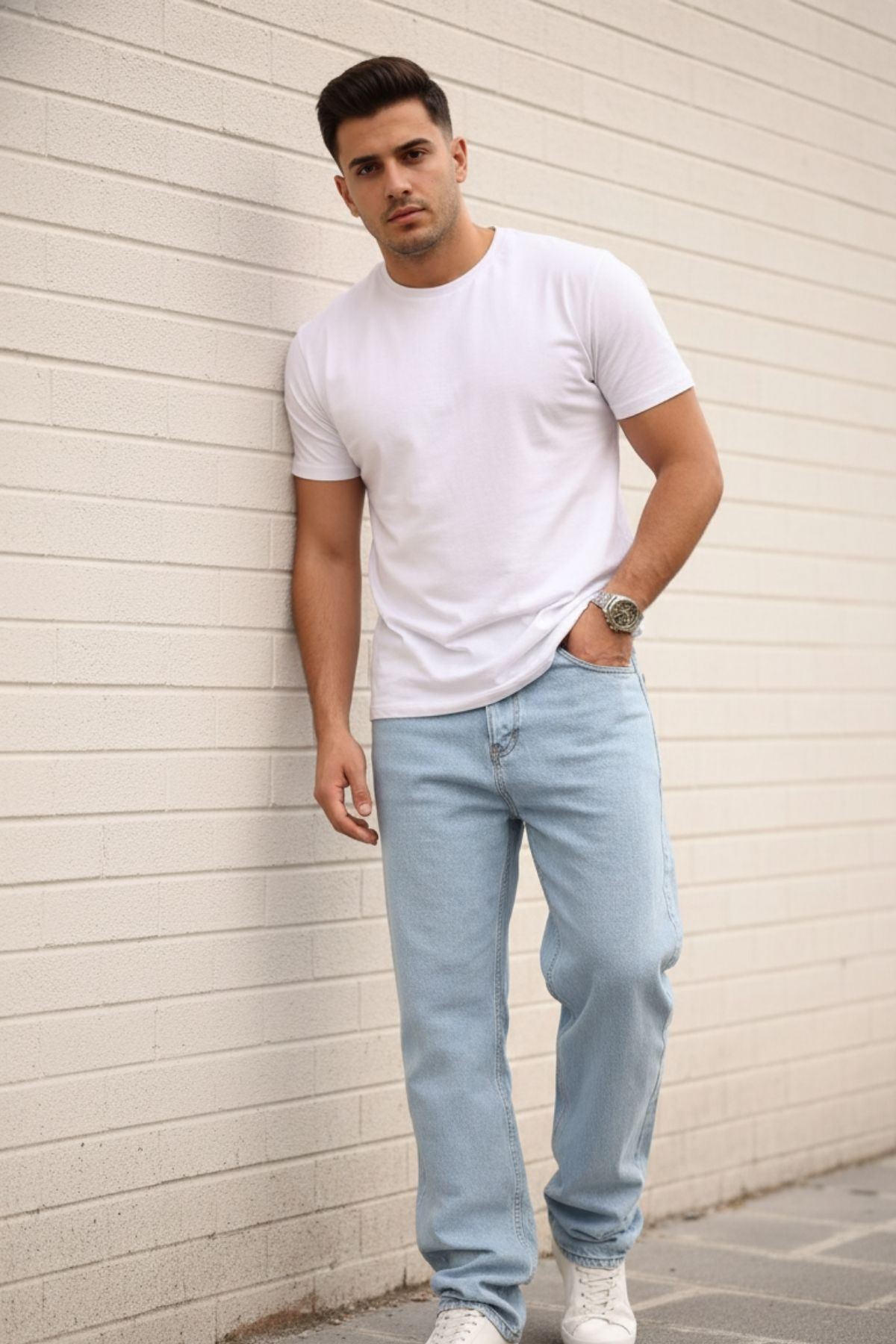 Erkek Bol Paça Basic Yüksek Bel B.Mavi Baggy Pantolon