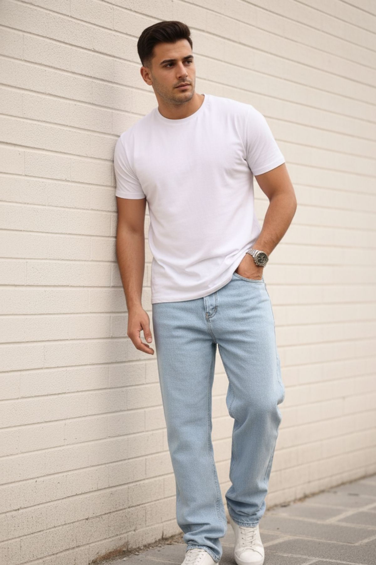 Erkek Bol Paça Basic Yüksek Bel B.Mavi Baggy Pantolon