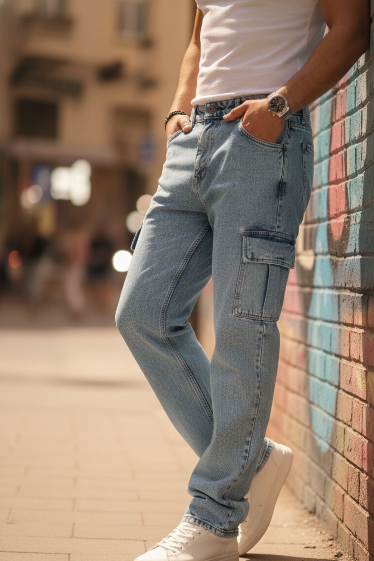 Erkek Bol Paça Basic Yüksek Bel Mavi Baggy Pantolon