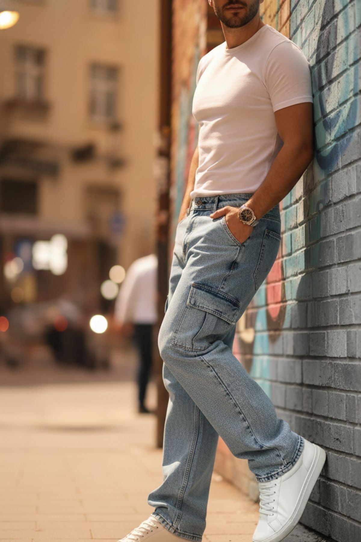 Erkek Bol Paça Basic Yüksek Bel Mavi Baggy Pantolon