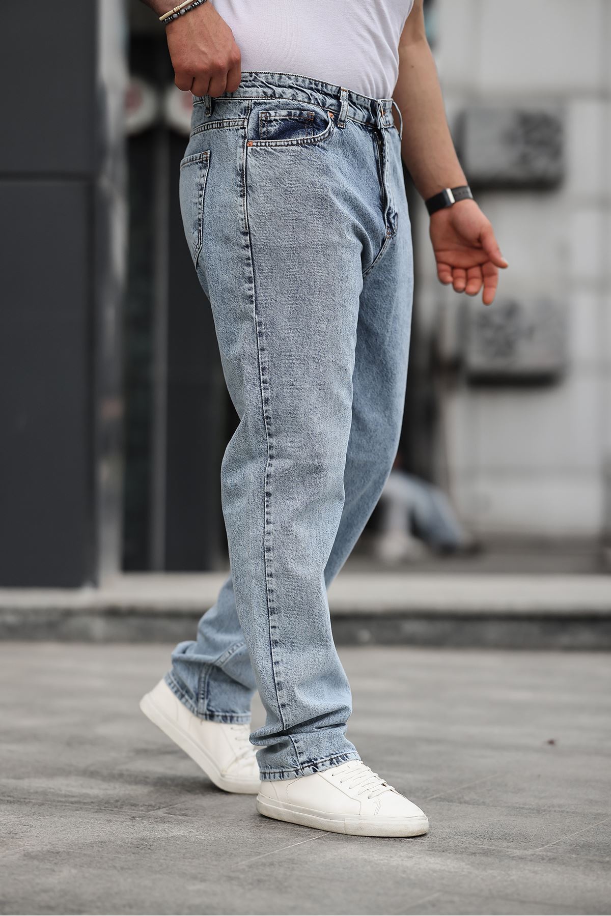 Erkek Bol Paça Basic Yüksek Bel Mavi Baggy Pantolon