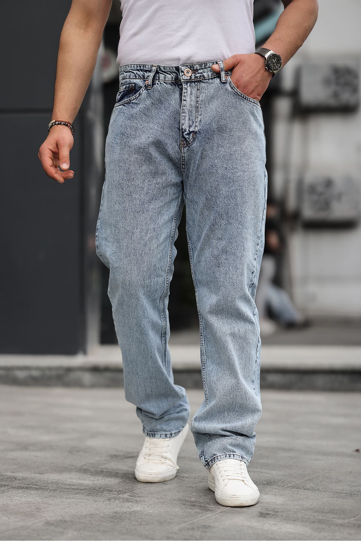 Erkek Bol Paça Basic Yüksek Bel Mavi Baggy Pantolon