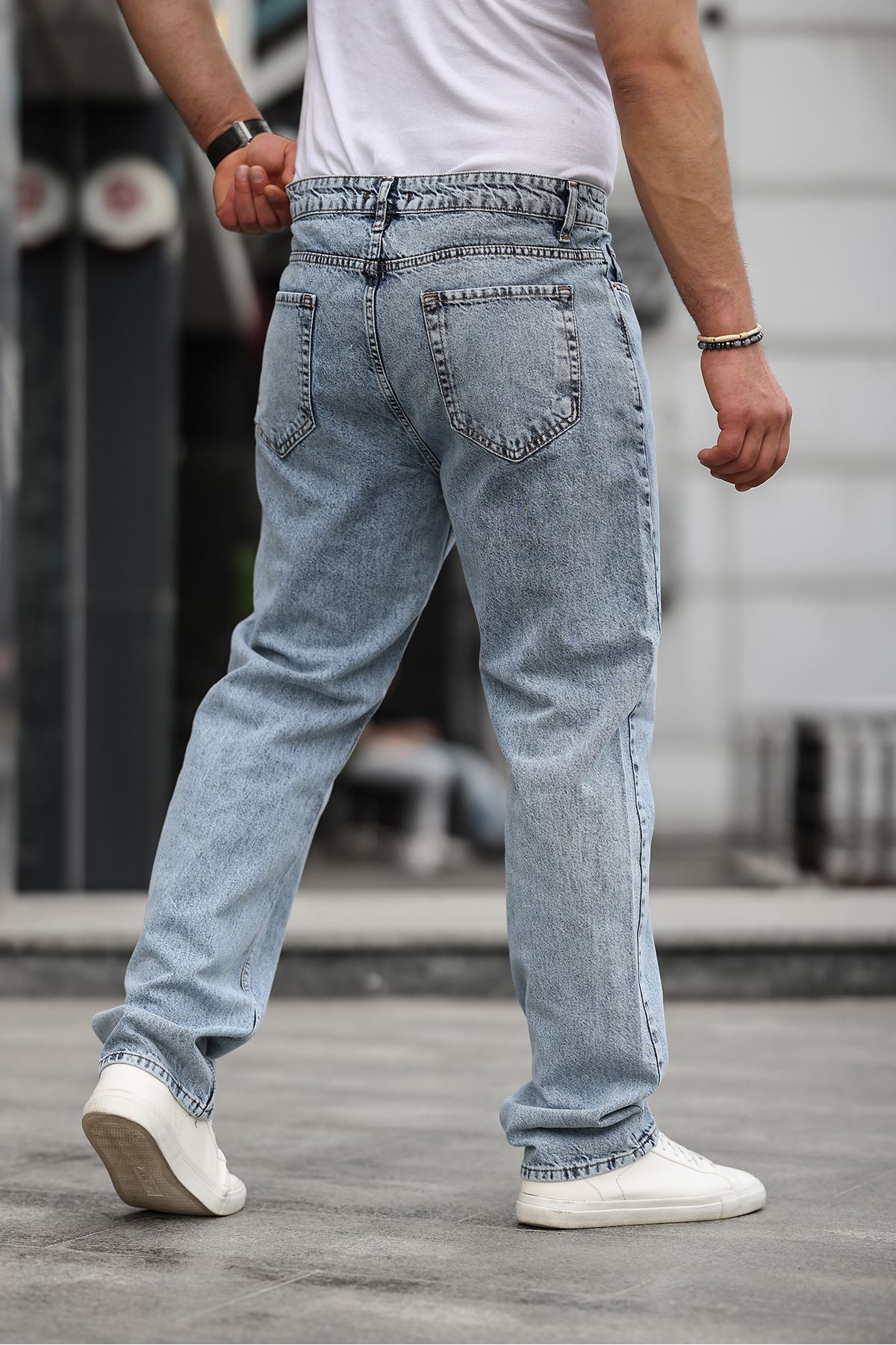 Erkek Bol Paça Basic Yüksek Bel Mavi Baggy Pantolon