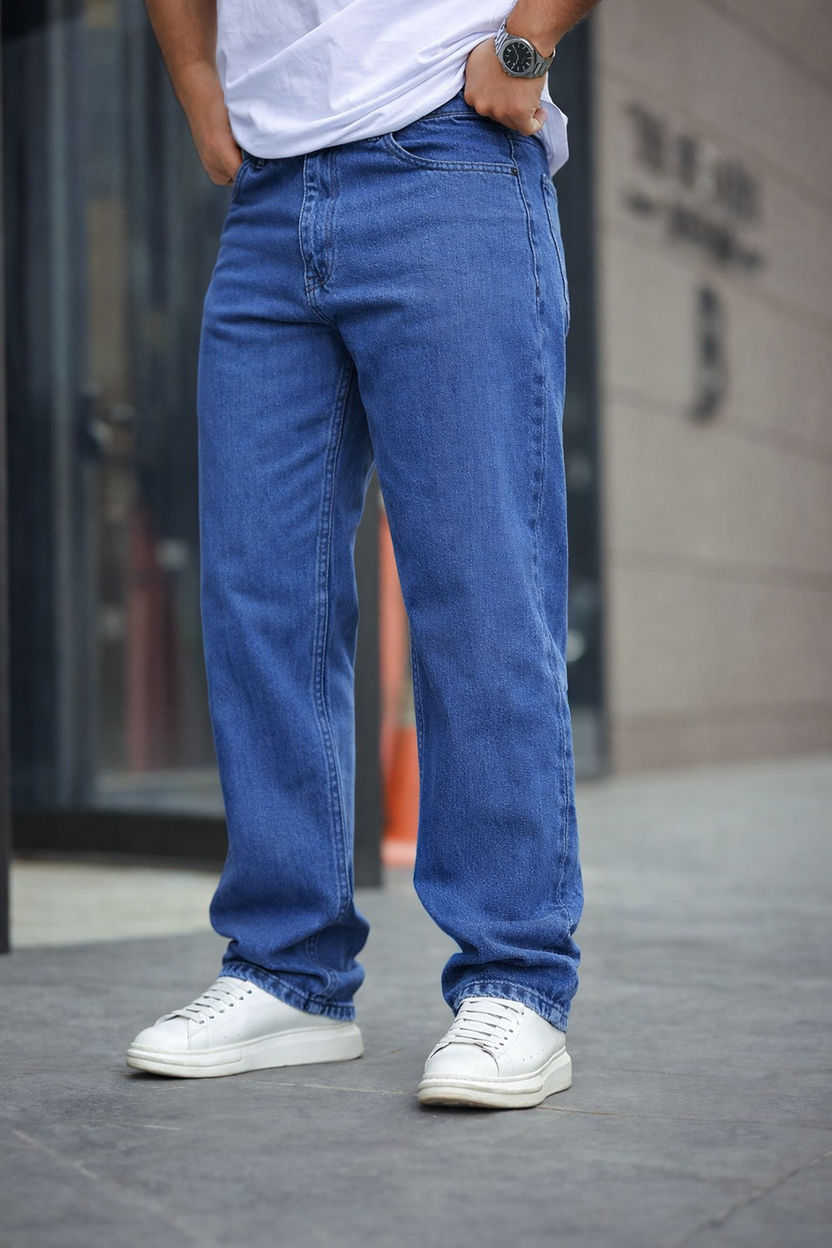 Erkek Bol Paça Basic Yüksek Bel K.Mavi Baggy Pantolon