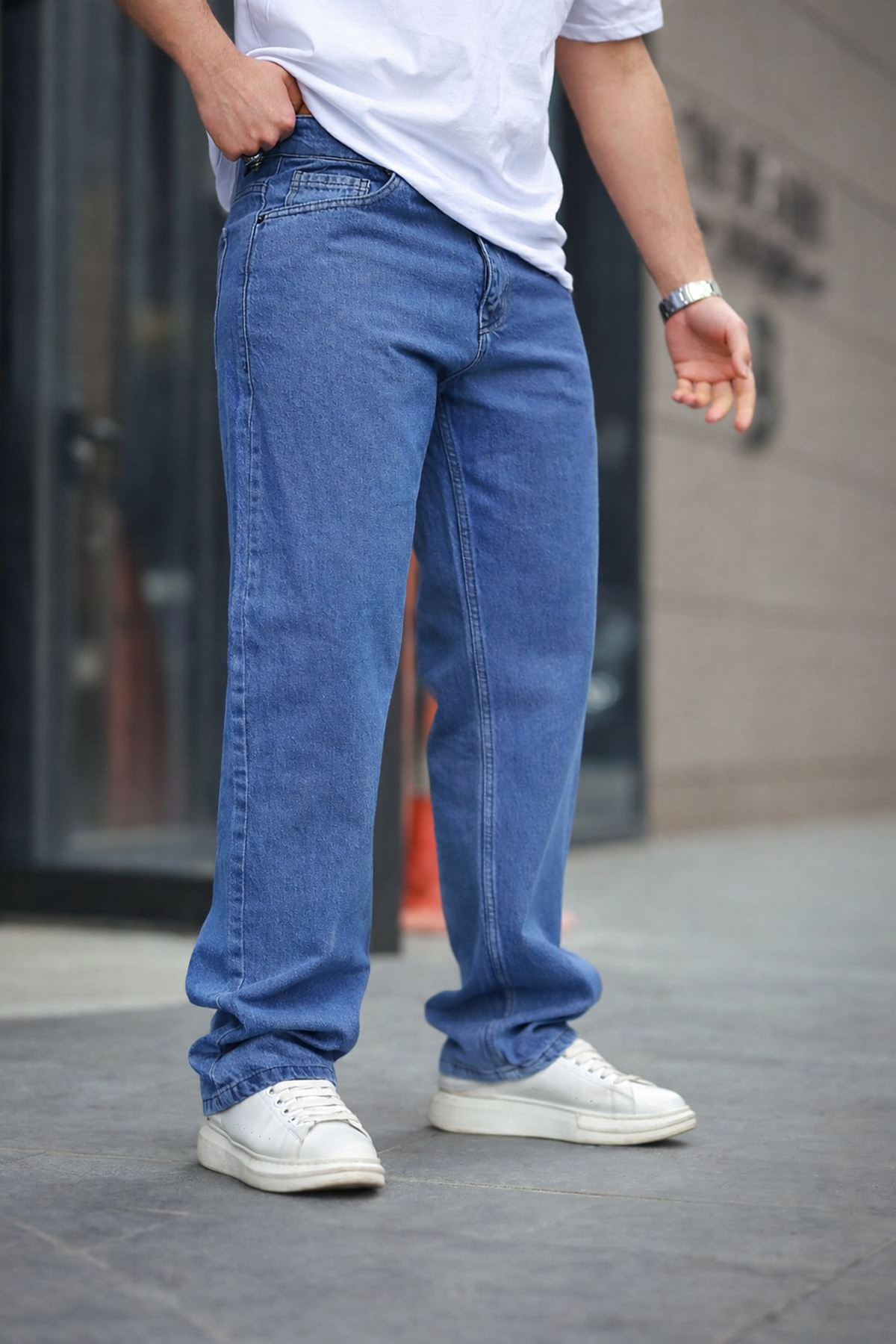 Erkek Bol Paça Basic Yüksek Bel K.Mavi Baggy Pantolon