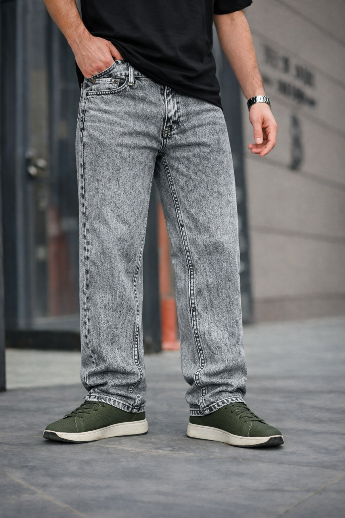 Erkek Bol Paça Basic Yüksek Bel A.Gri Baggy Pantolon