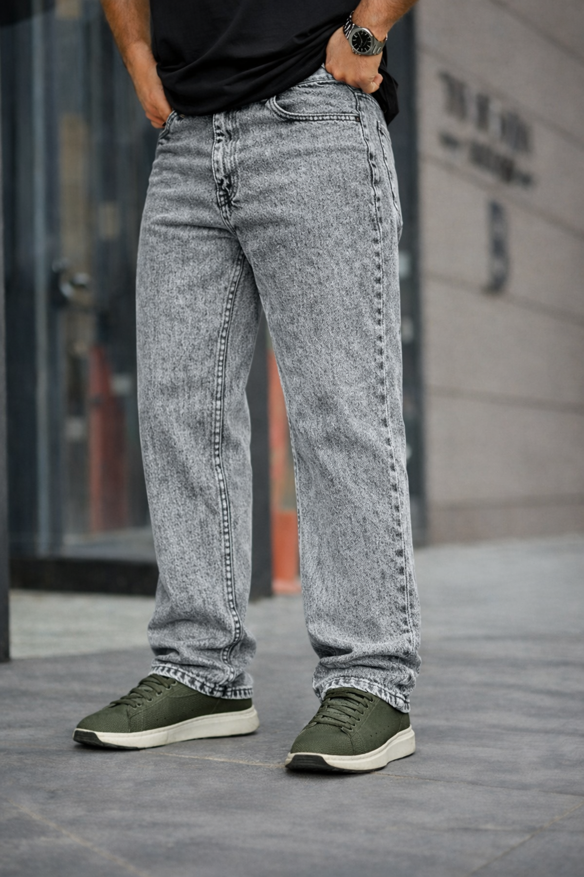 Erkek Bol Paça Basic Yüksek Bel A.Gri Baggy Pantolon