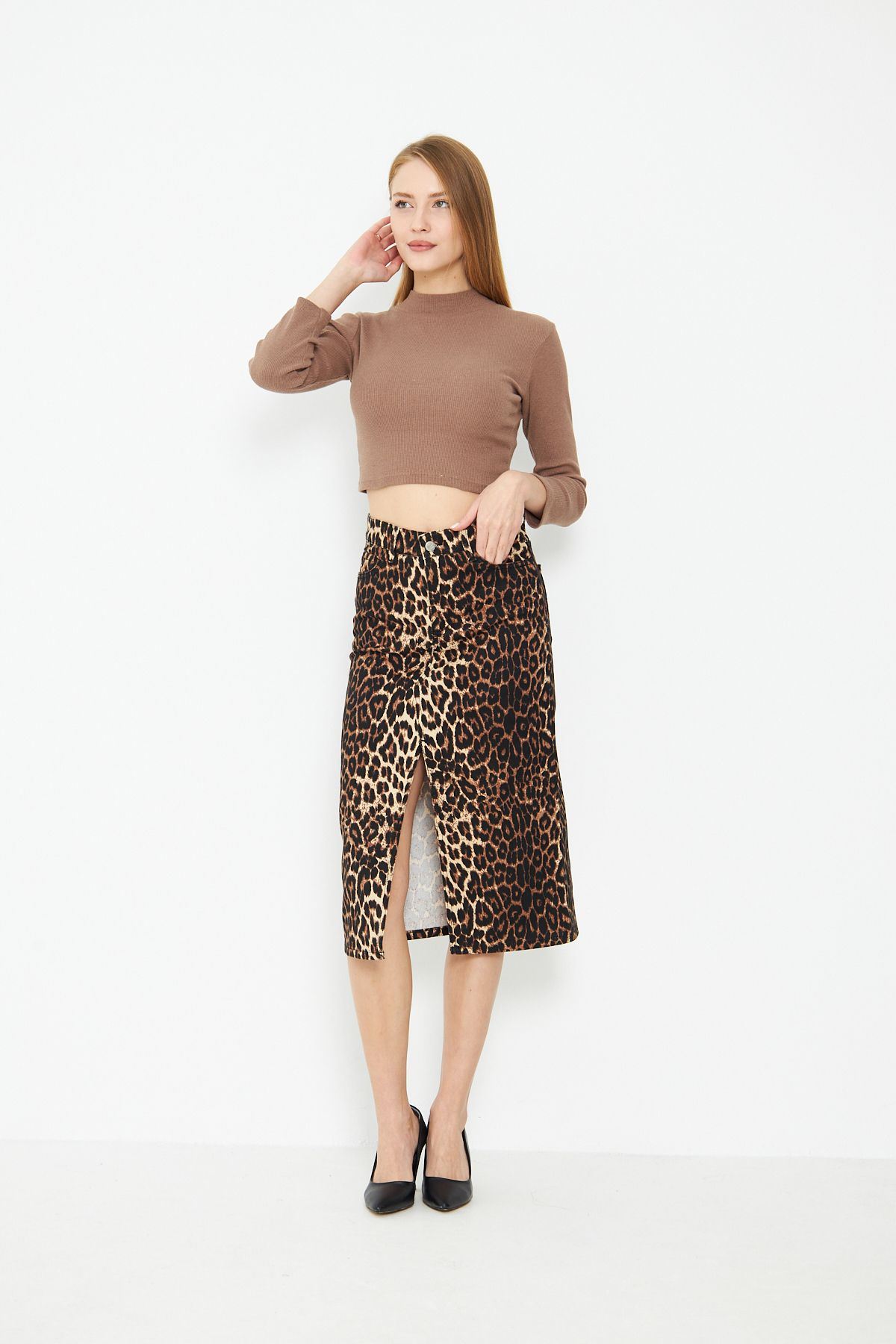 Leopar Desenli Yırtmaçlı Kot Etek