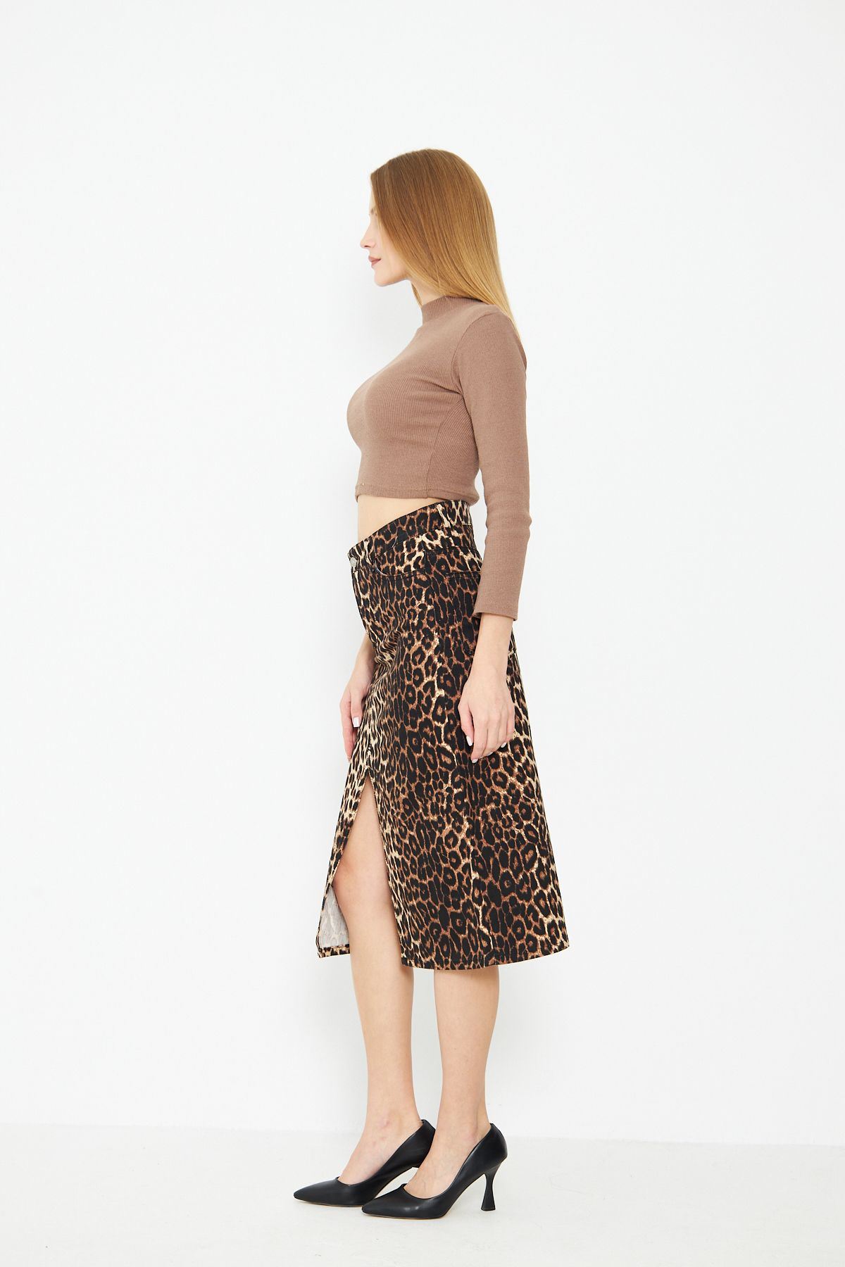 Leopar Desenli Yırtmaçlı Kot Etek