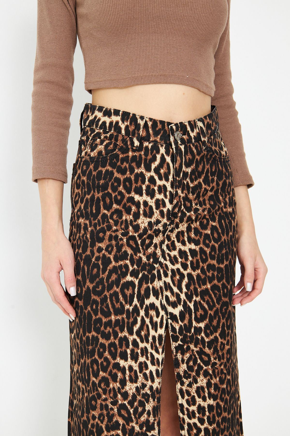 Leopar Desenli Yırtmaçlı Kot Etek