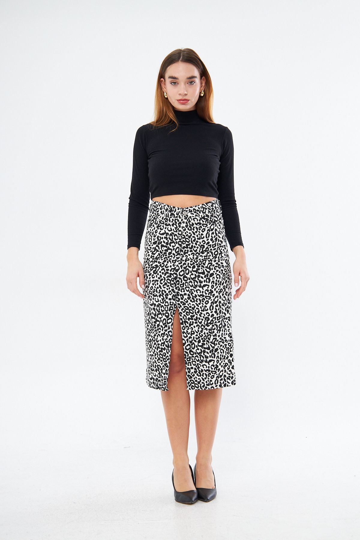 Leopar Desenli Yırtmaçlı Kot Etek