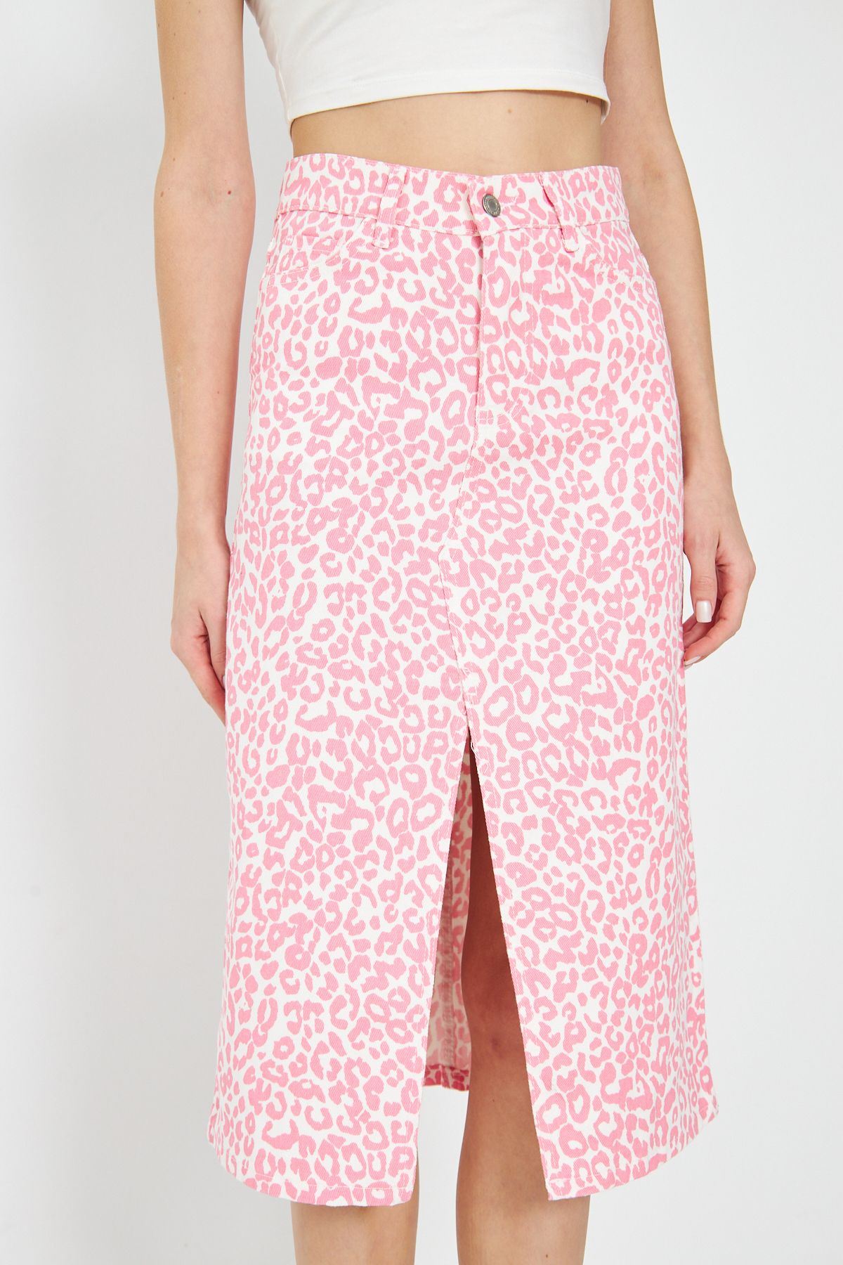 Leopar Desenli Yırtmaçlı Kot Etek