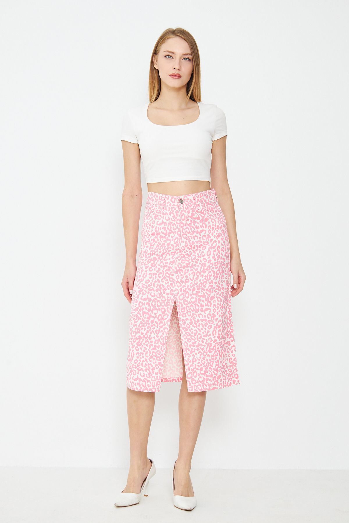 Leopar Desenli Yırtmaçlı Kot Etek