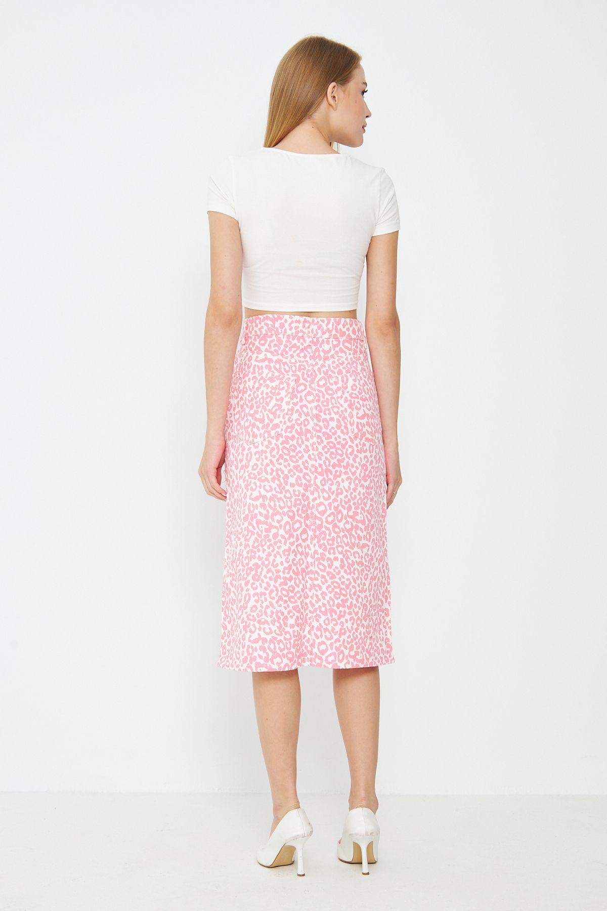 Leopar Desenli Yırtmaçlı Kot Etek