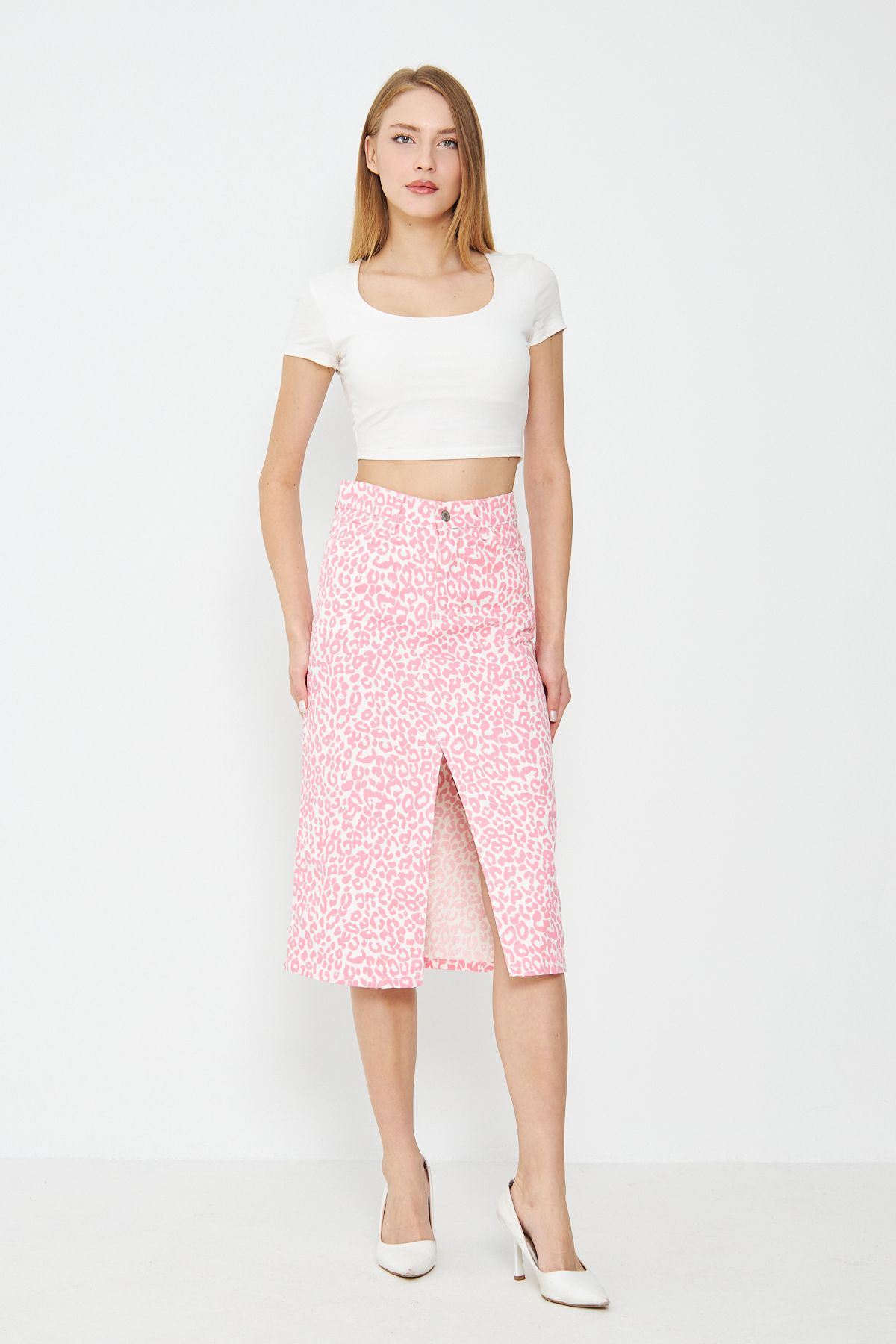 Leopar Desenli Yırtmaçlı Kot Etek