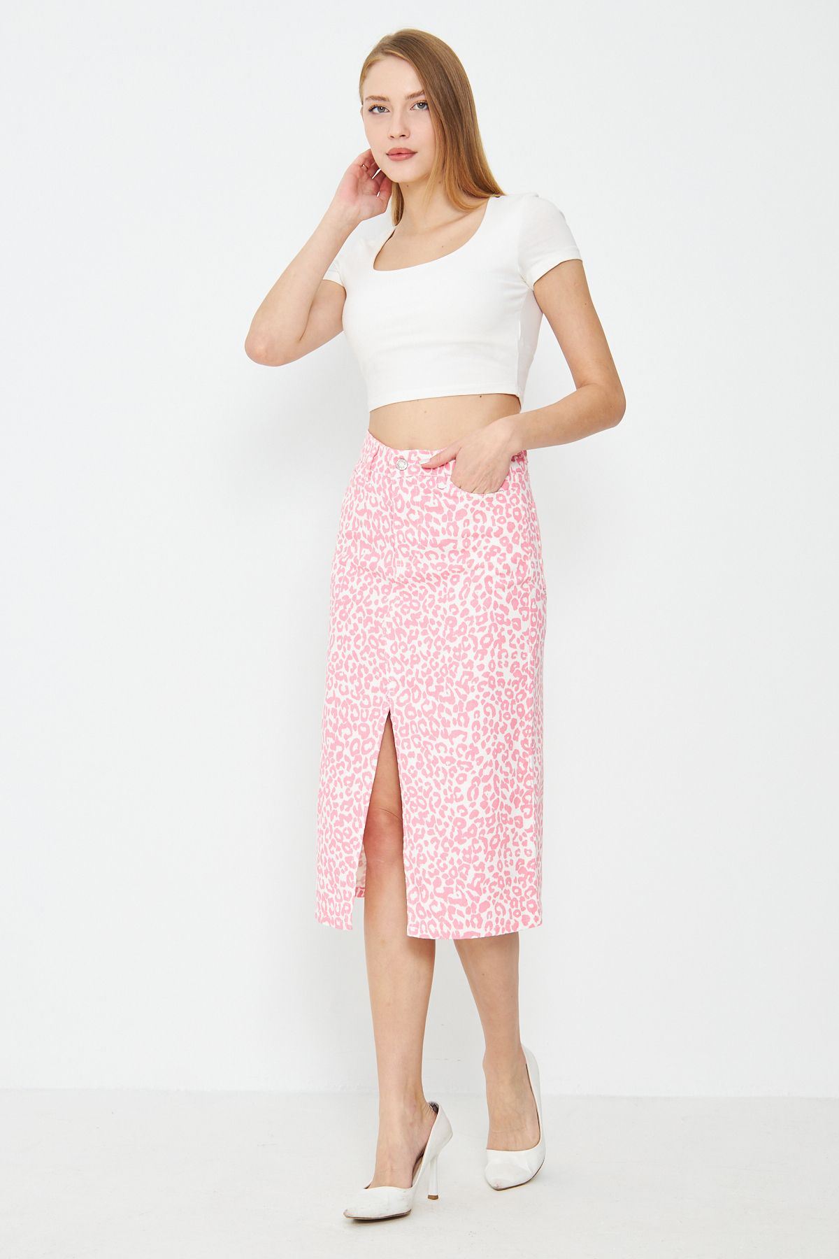 Leopar Desenli Yırtmaçlı Kot Etek