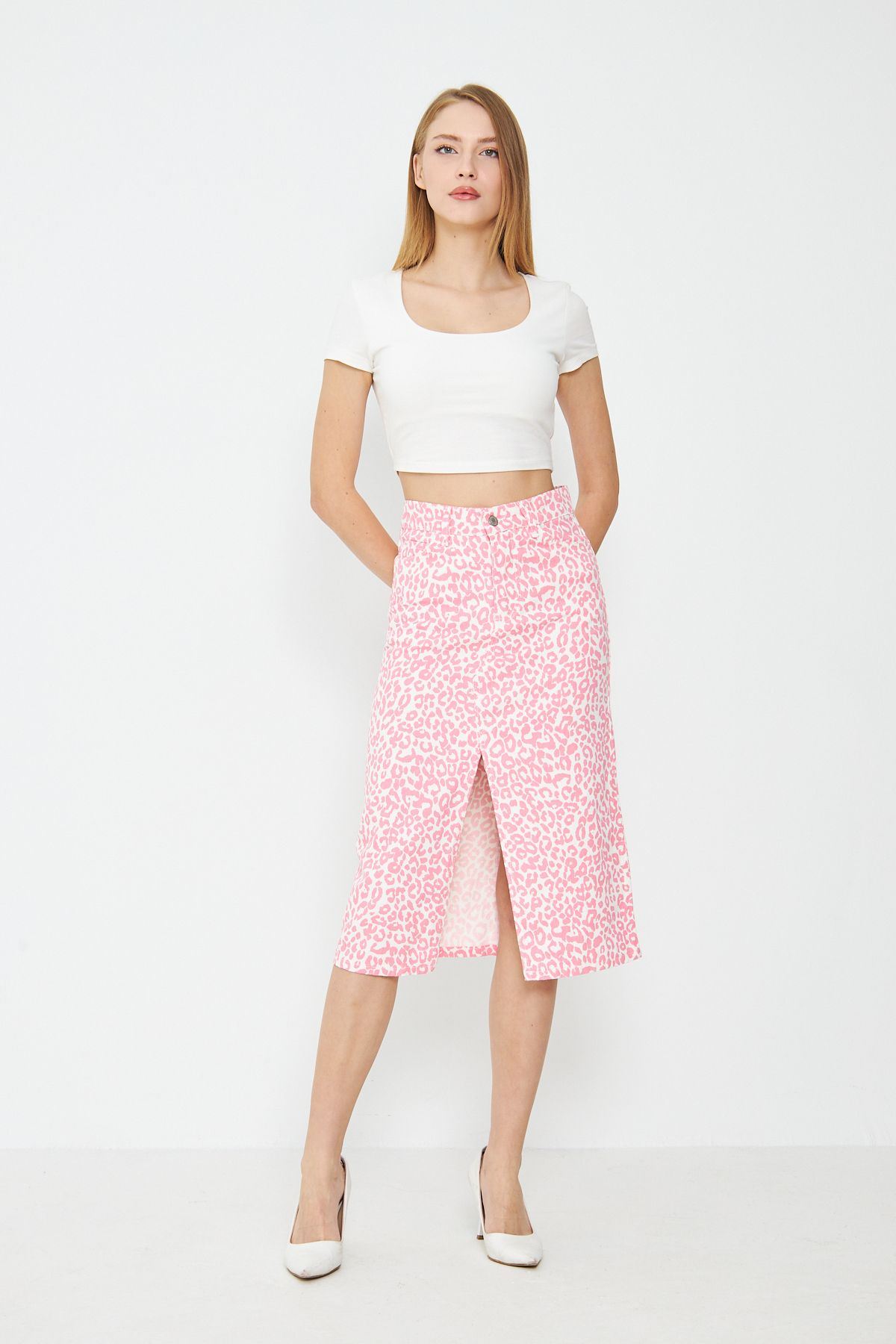 Leopar Desenli Yırtmaçlı Kot Etek