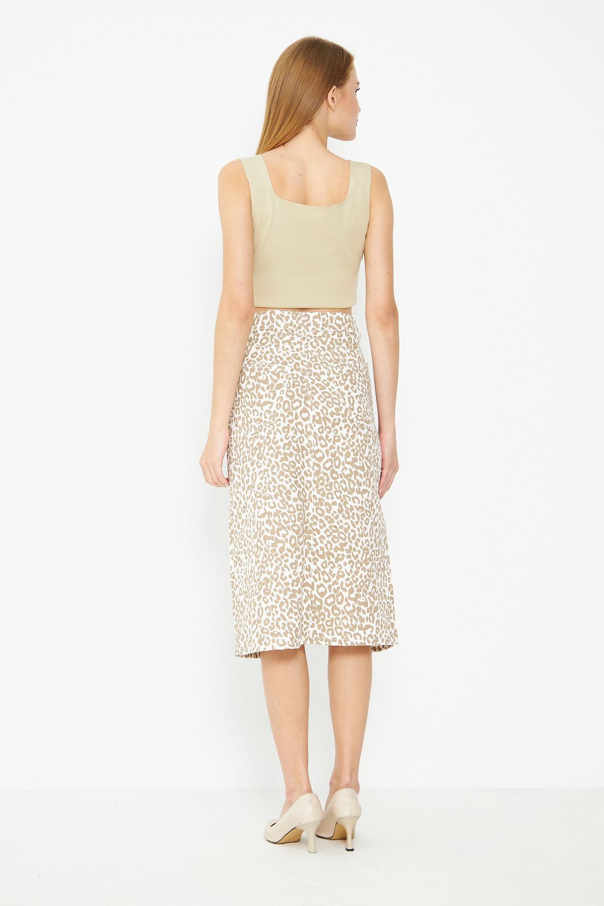 Leopar Desenli Yırtmaçlı Kot Etek
