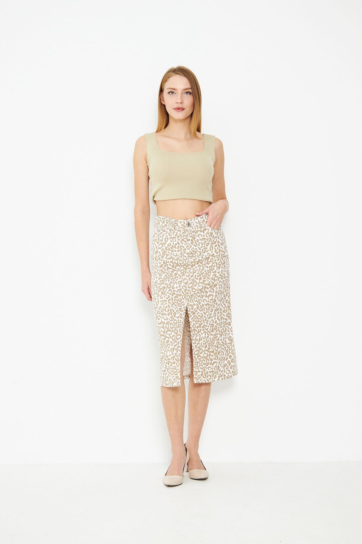 Leopar Desenli Yırtmaçlı Kot Etek