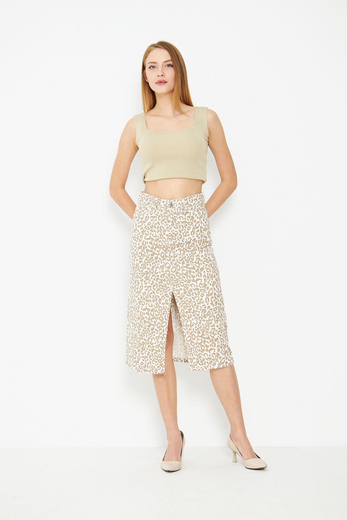 Leopar Desenli Yırtmaçlı Kot Etek