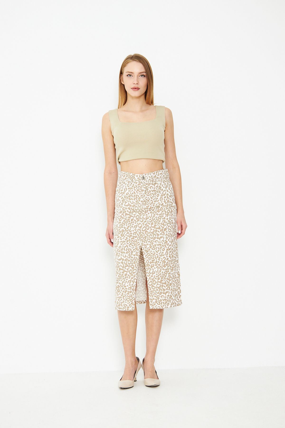 Leopar Desenli Yırtmaçlı Kot Etek