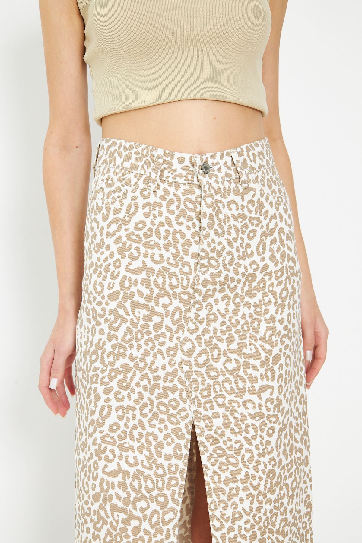 Leopar Desenli Yırtmaçlı Kot Etek