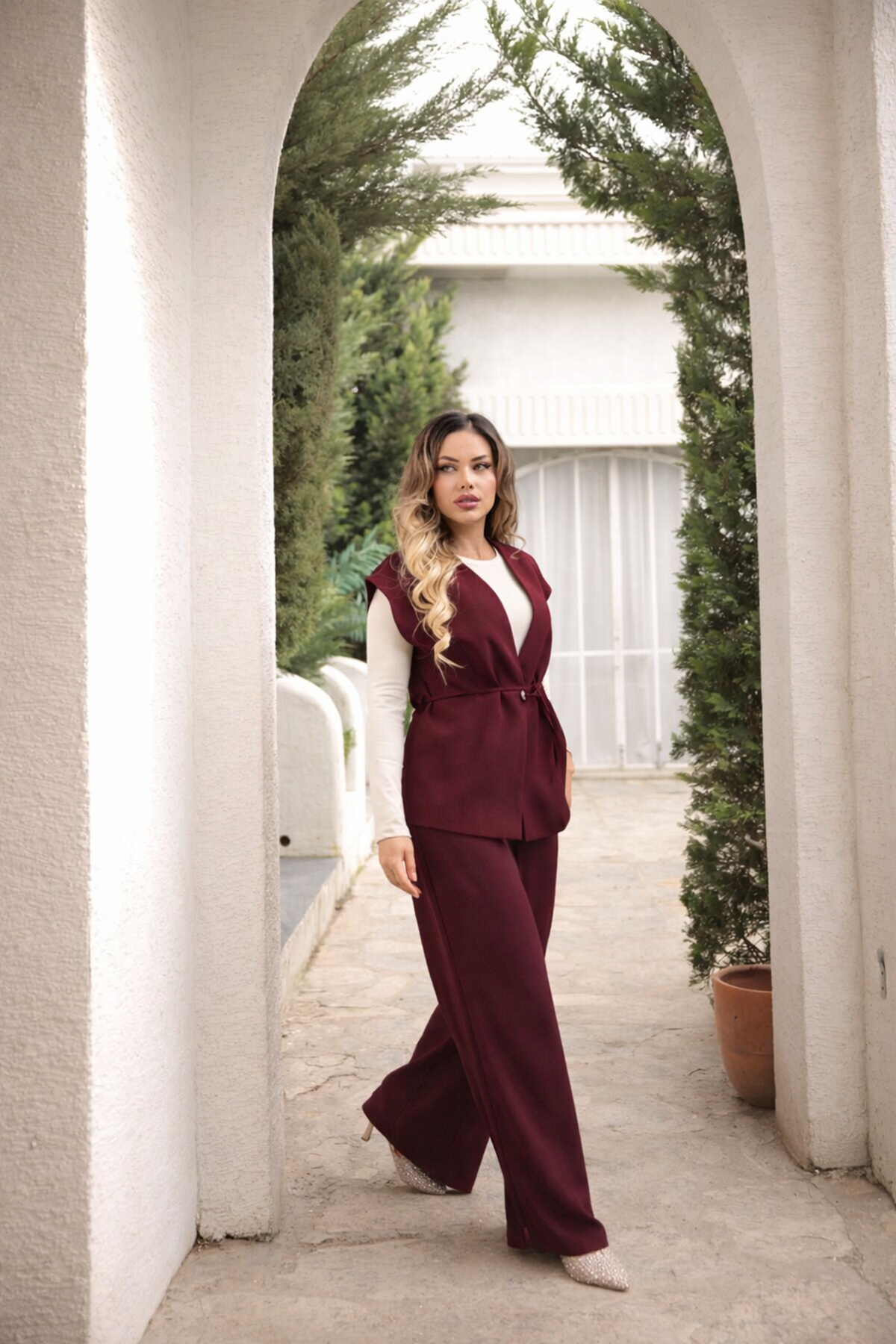 Kadın Şık Uzun Yelek Bol Paça Palazzo Pantolon Yelekli Takım