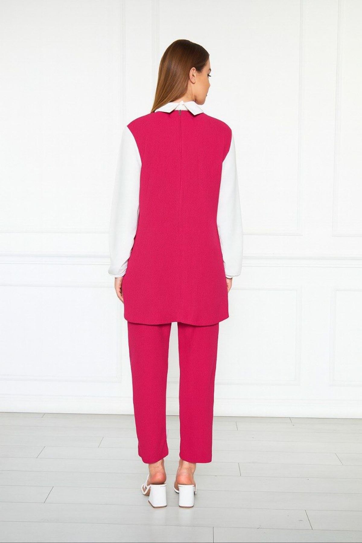 Kadın Uzun Kazak Bol Paça Pantolon Fuşya İkili Takım