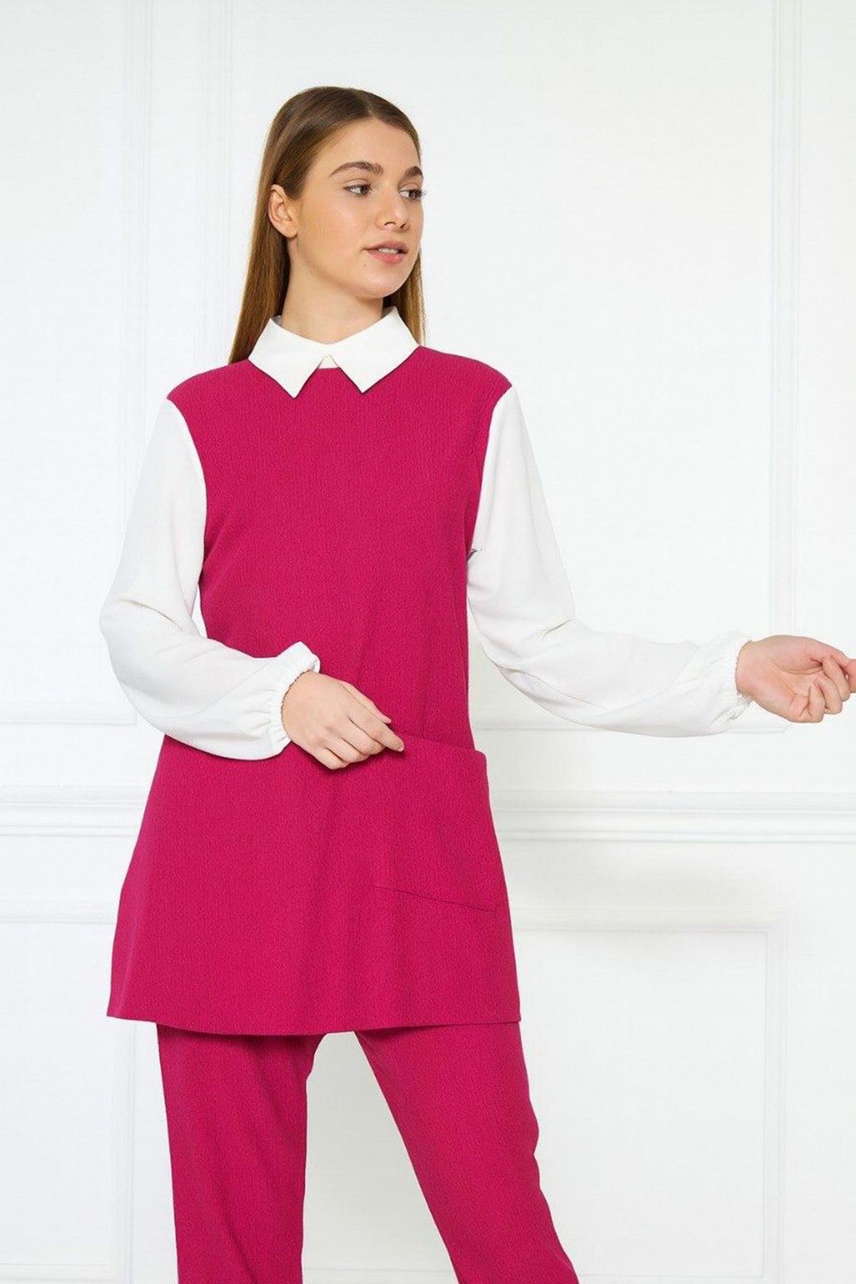 Kadın Uzun Kazak Bol Paça Pantolon Fuşya İkili Takım