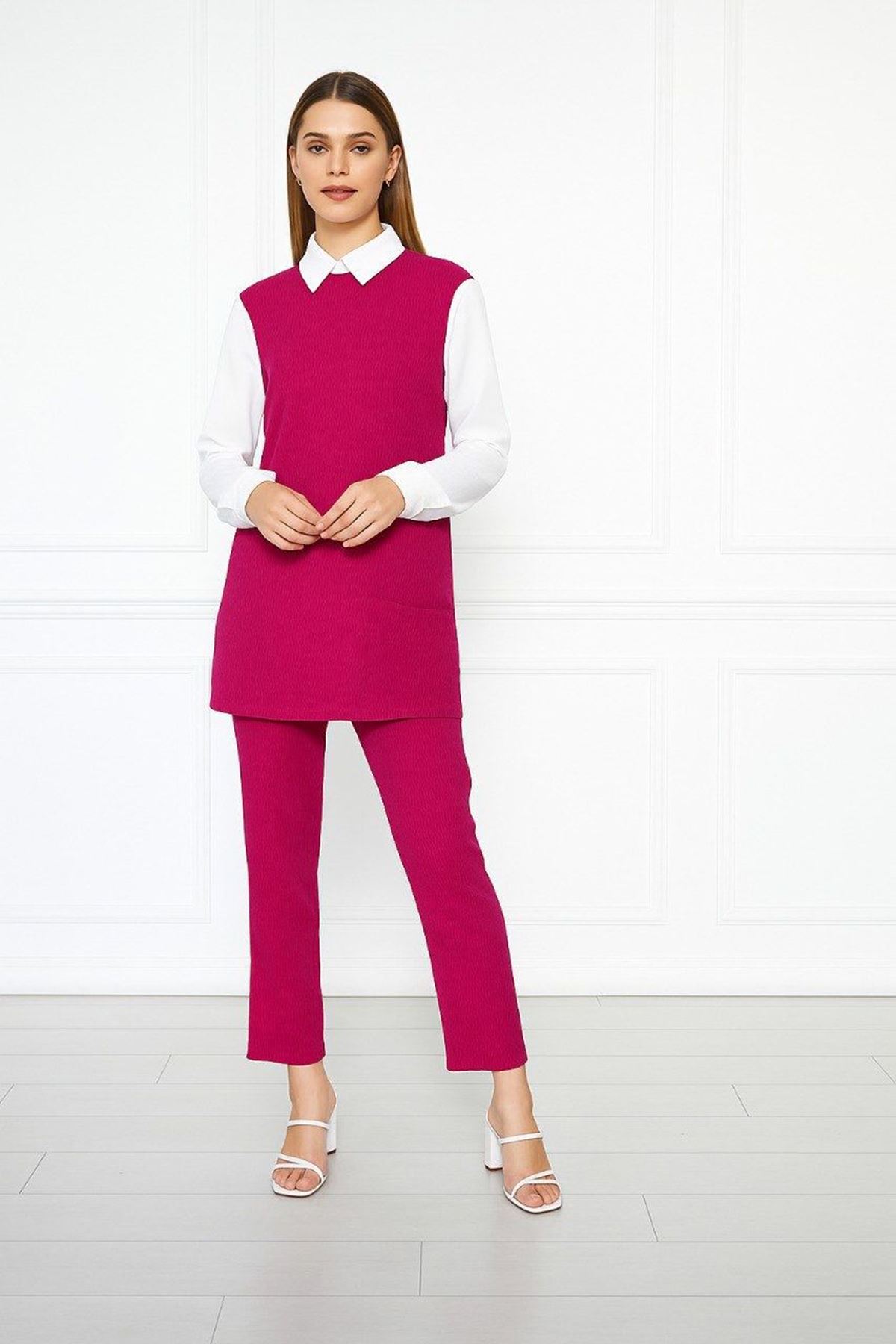 Kadın Uzun Kazak Bol Paça Pantolon Fuşya İkili Takım