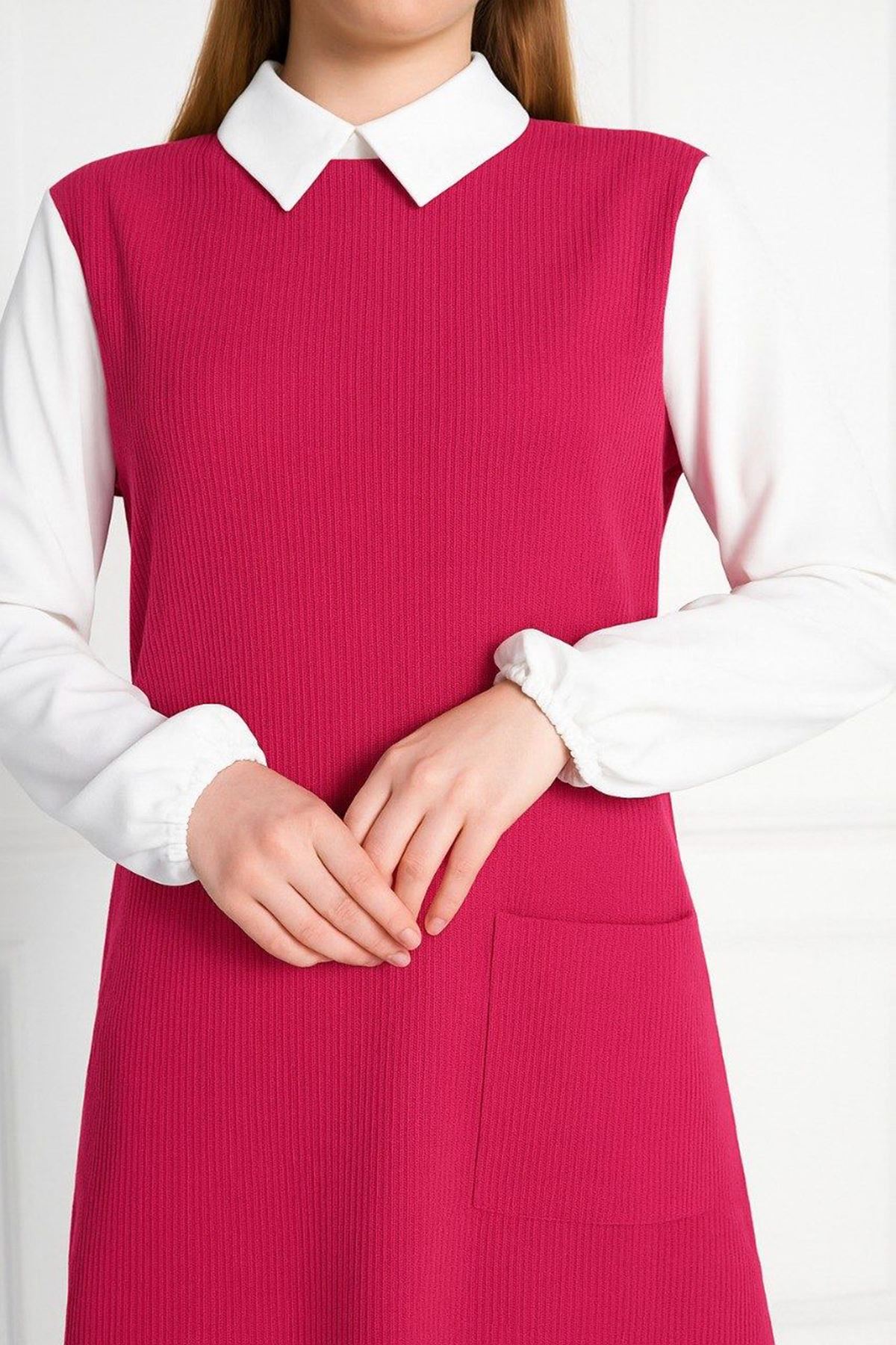 Kadın Uzun Kazak Bol Paça Pantolon Fuşya İkili Takım