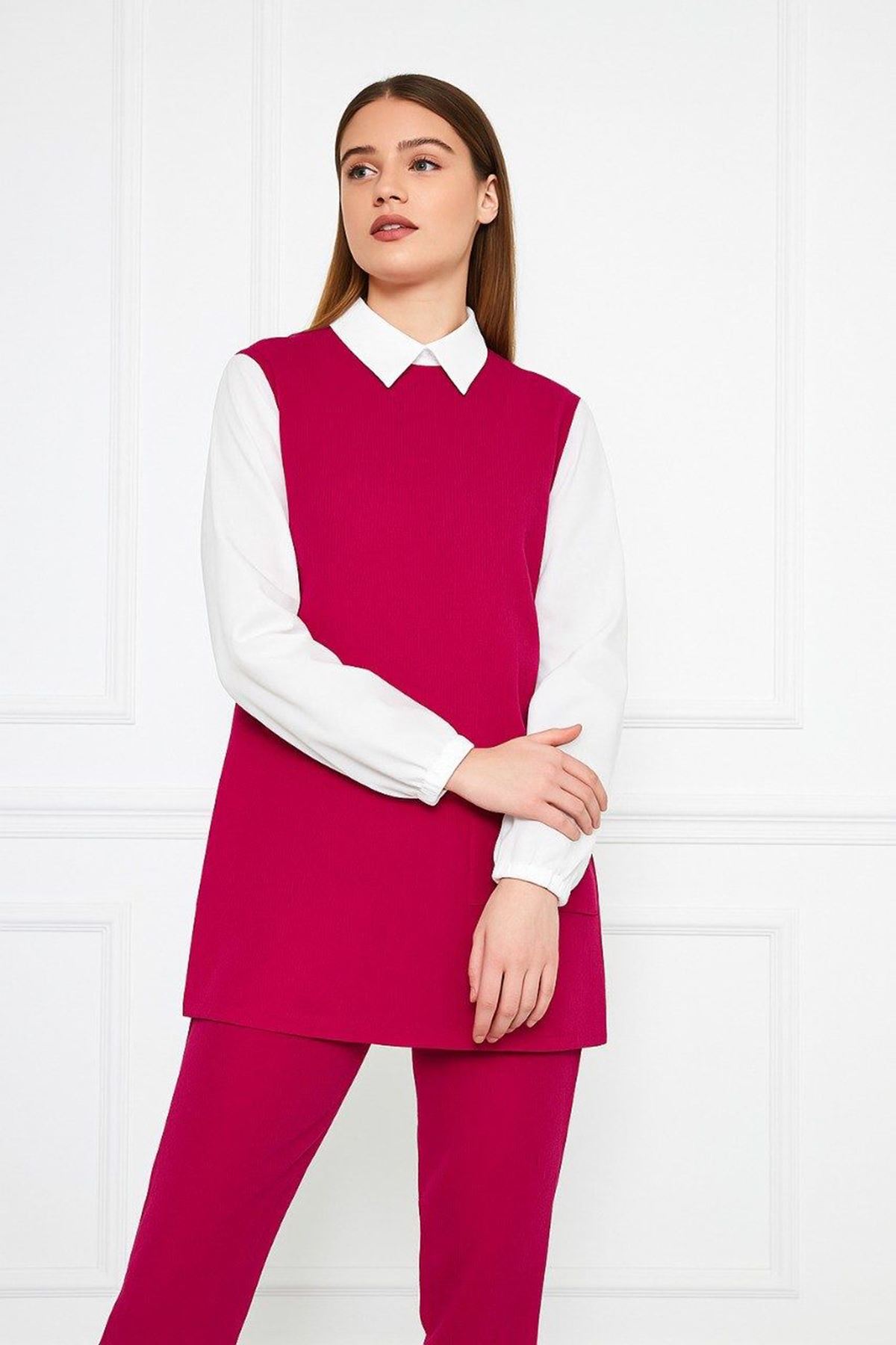 Kadın Uzun Kazak Bol Paça Pantolon Fuşya İkili Takım