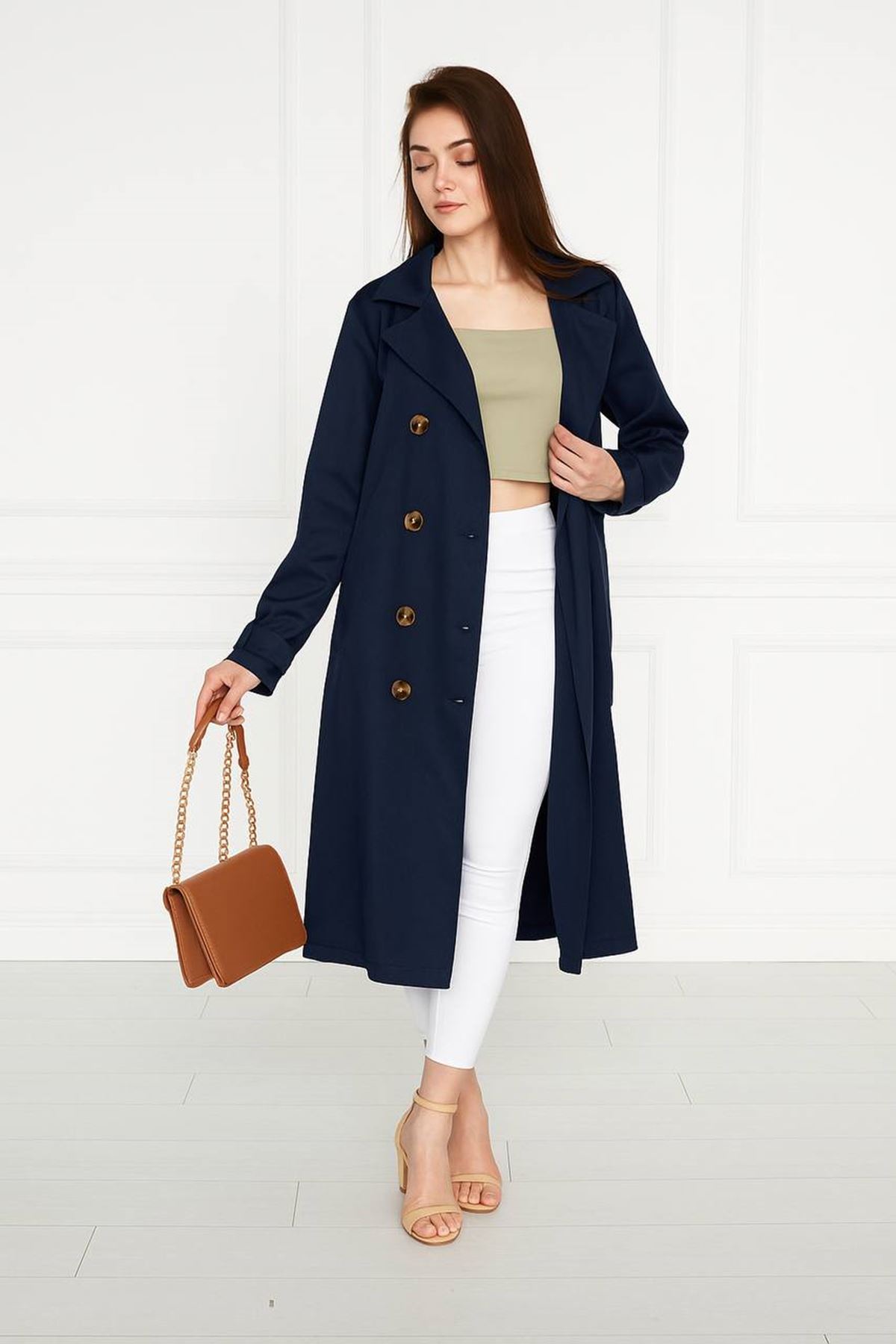 Astarsız Cepli Düğmeli Kuşaklı Yazlık Trenç